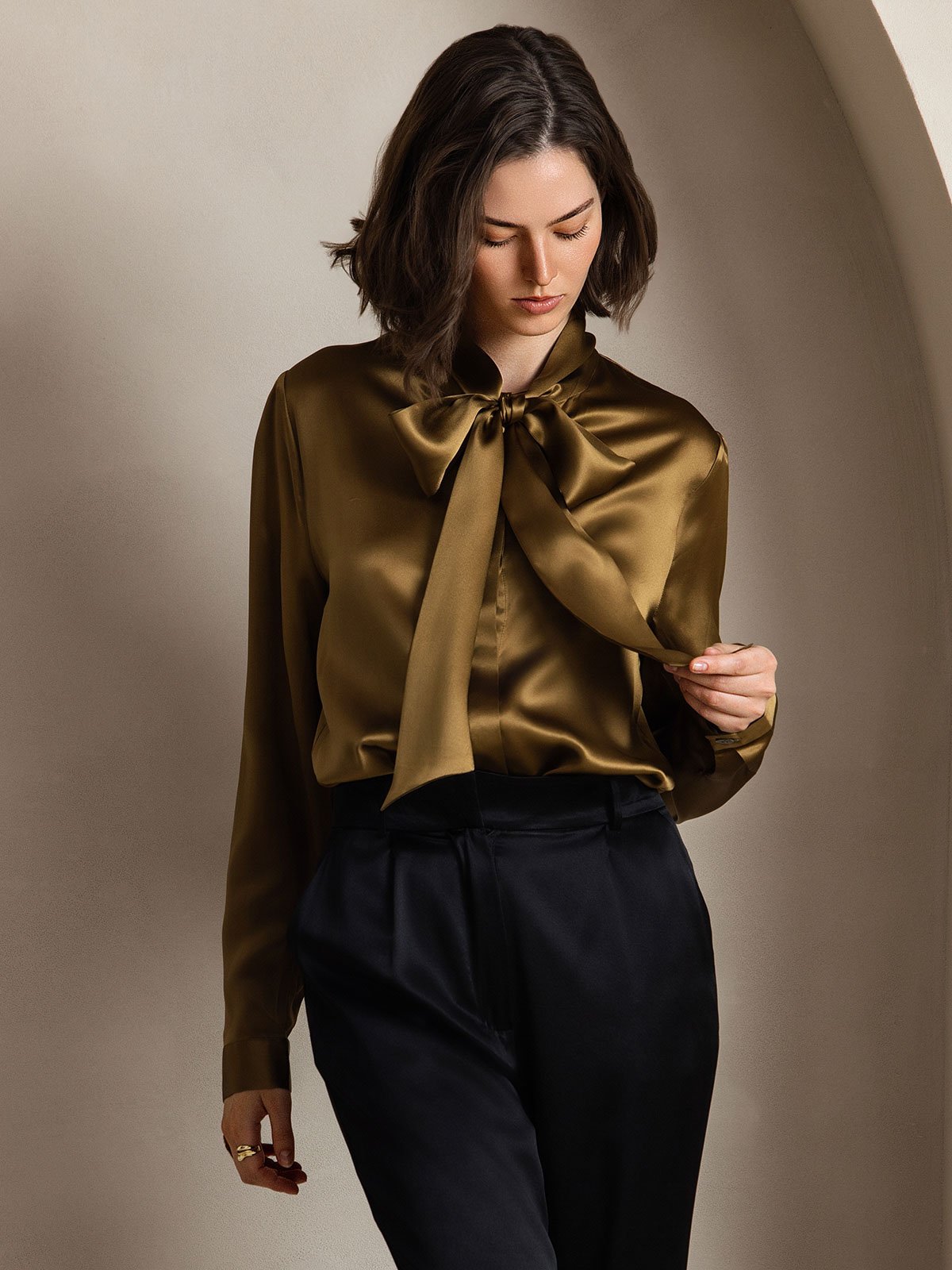 [Brown] SilkSilky-CA 19Momme Silk Long Sleeve Tie Neck Women's Shirt 005