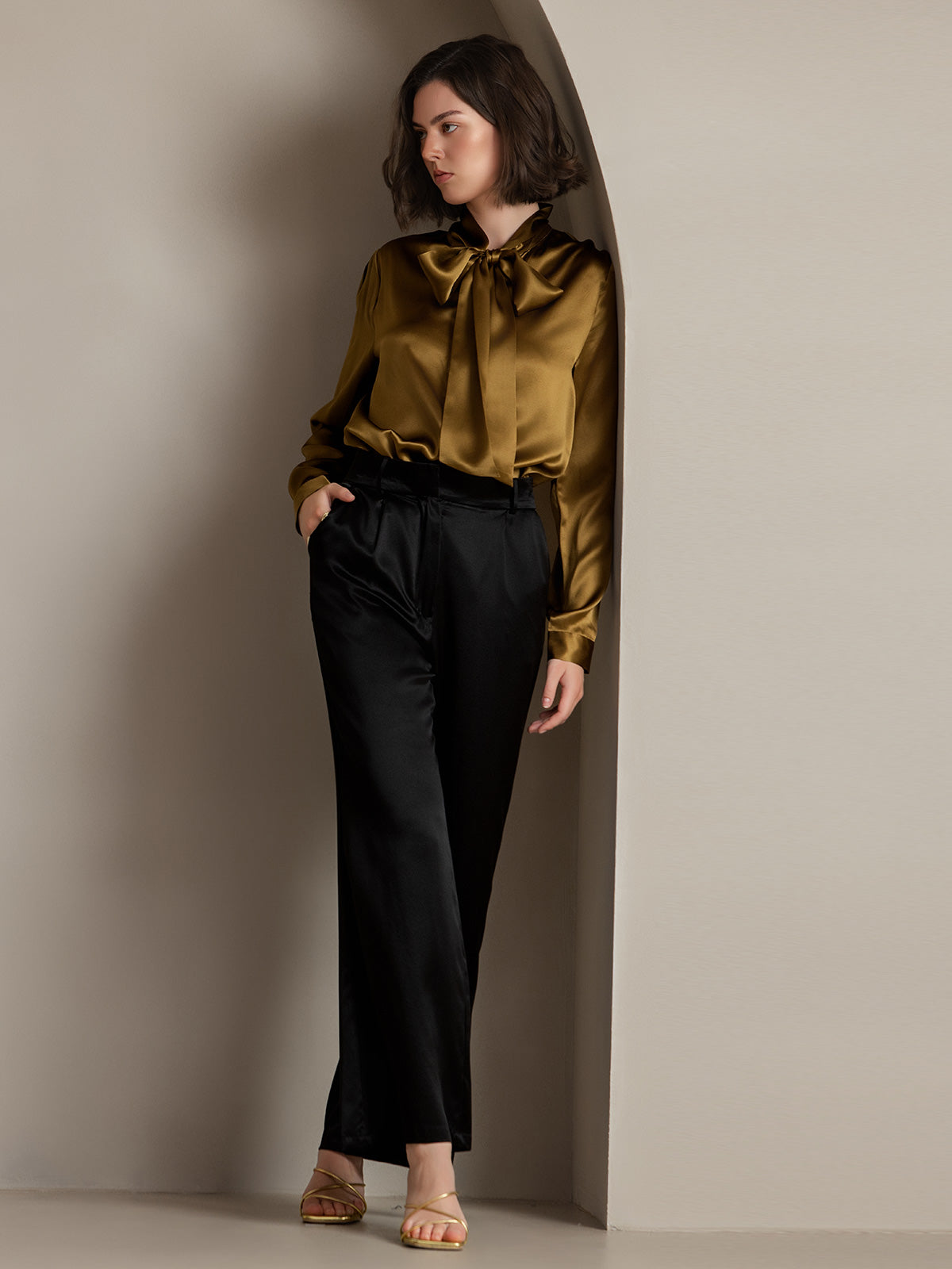 [Brown] SilkSilky-CA 19Momme Silk Long Sleeve Tie Neck Women's Shirt 006