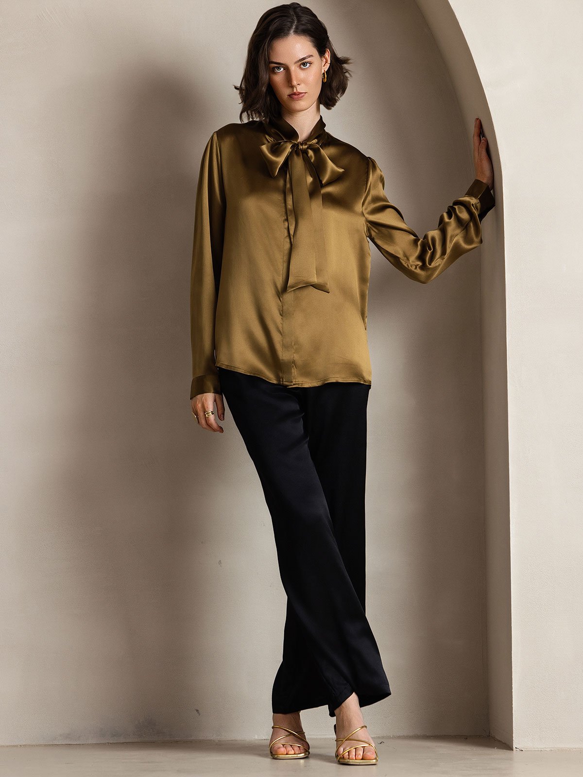 [Brown] SilkSilky-CA 19Momme Silk Long Sleeve Tie Neck Women's Shirt 006