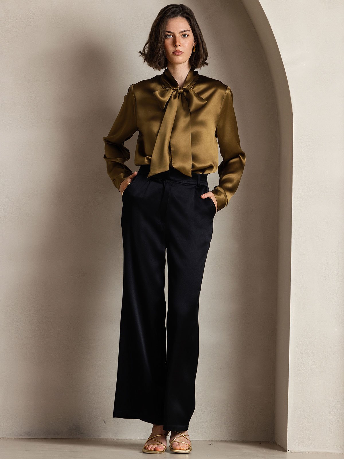 [Brown] SilkSilky-CA 19Momme Silk Long Sleeve Tie Neck Women's Shirt 007