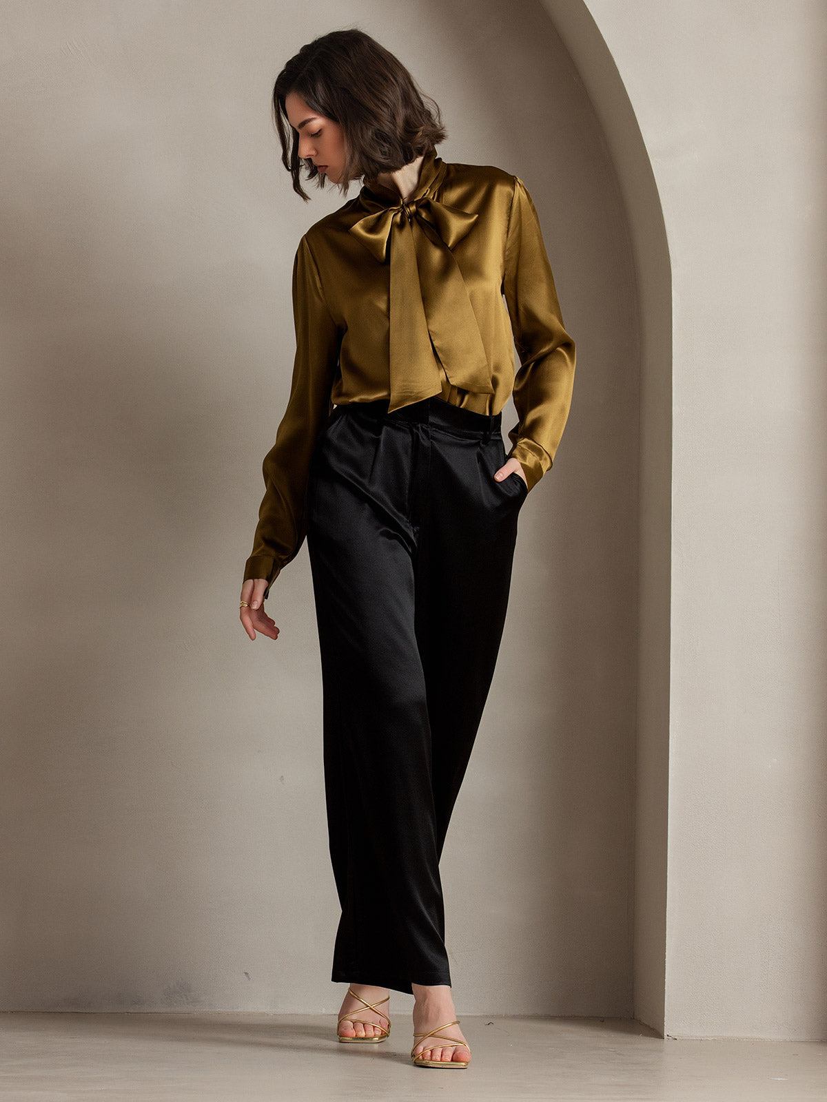 [Brown] SilkSilky-CA 19Momme Silk Long Sleeve Tie Neck Women's Shirt 007