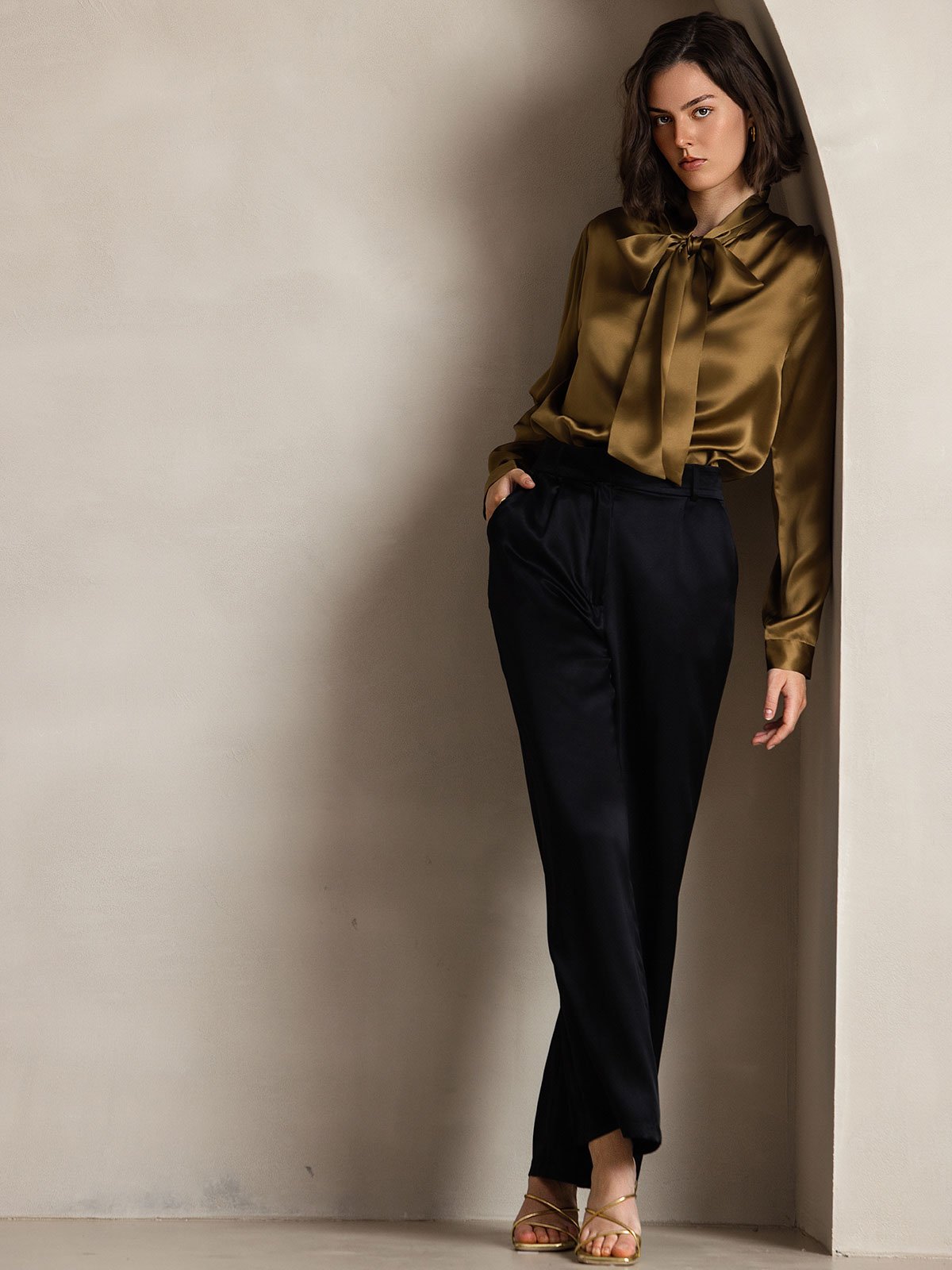 [Brown] SilkSilky-CA 19Momme Silk Long Sleeve Tie Neck Women's Shirt 008