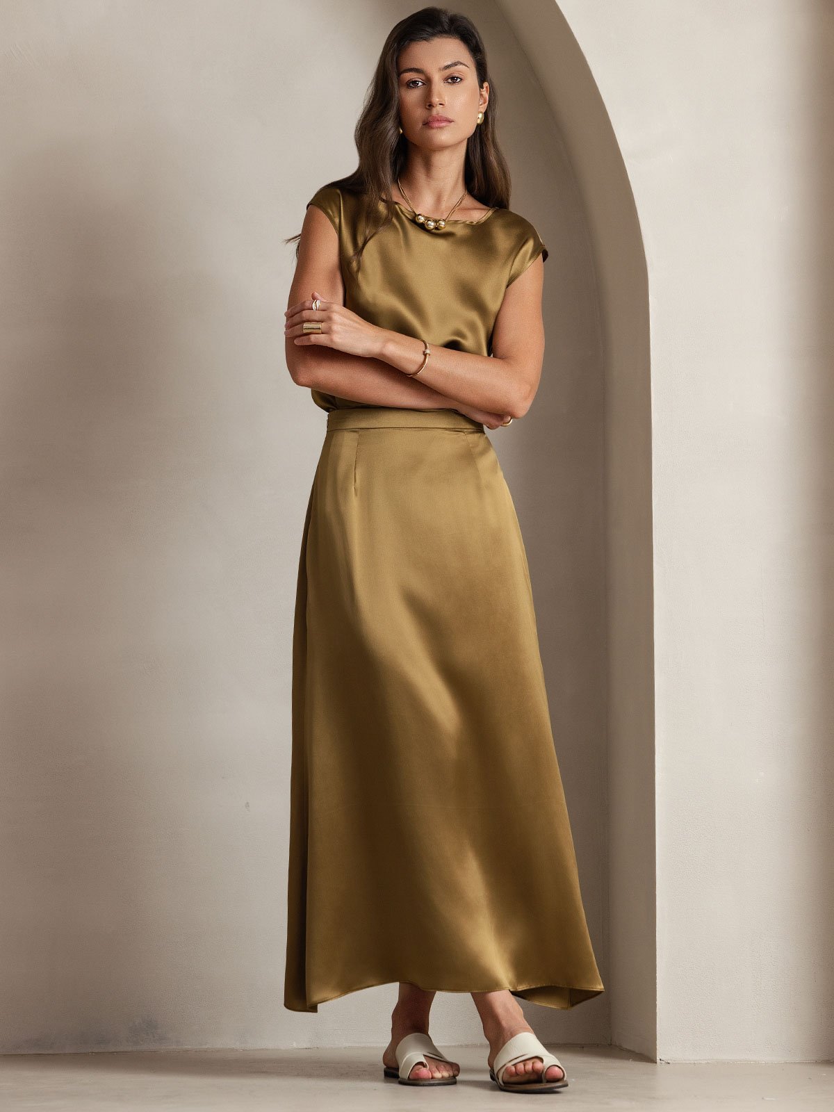 [Brown] SilkSilky-CA 19Momme Silk Sleeveless Round Neck Women's T-Shirt 007