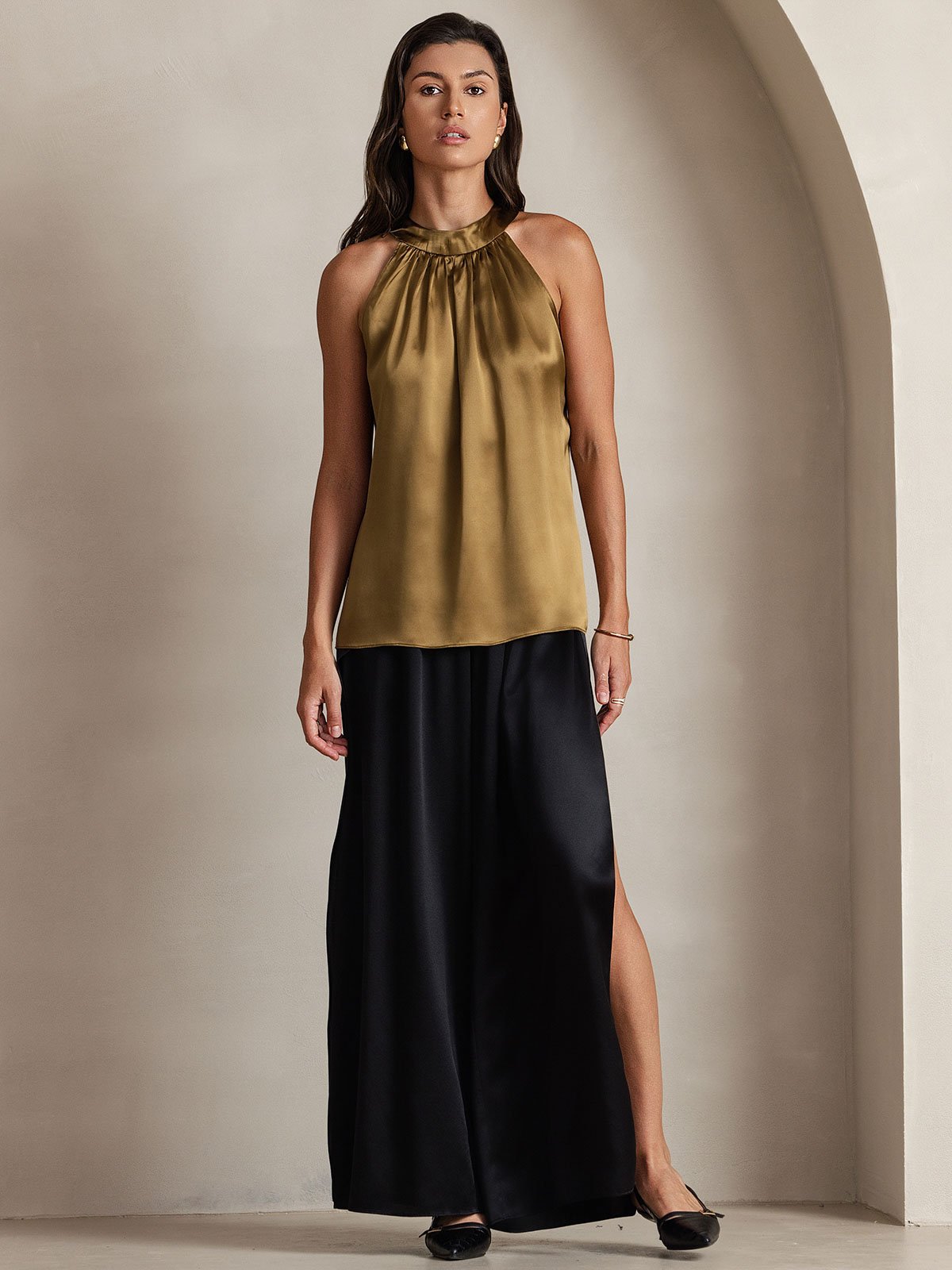 [Brown] SilkSilky-CA 19Momme Silk Sleeveless Womens T-Shirt 003