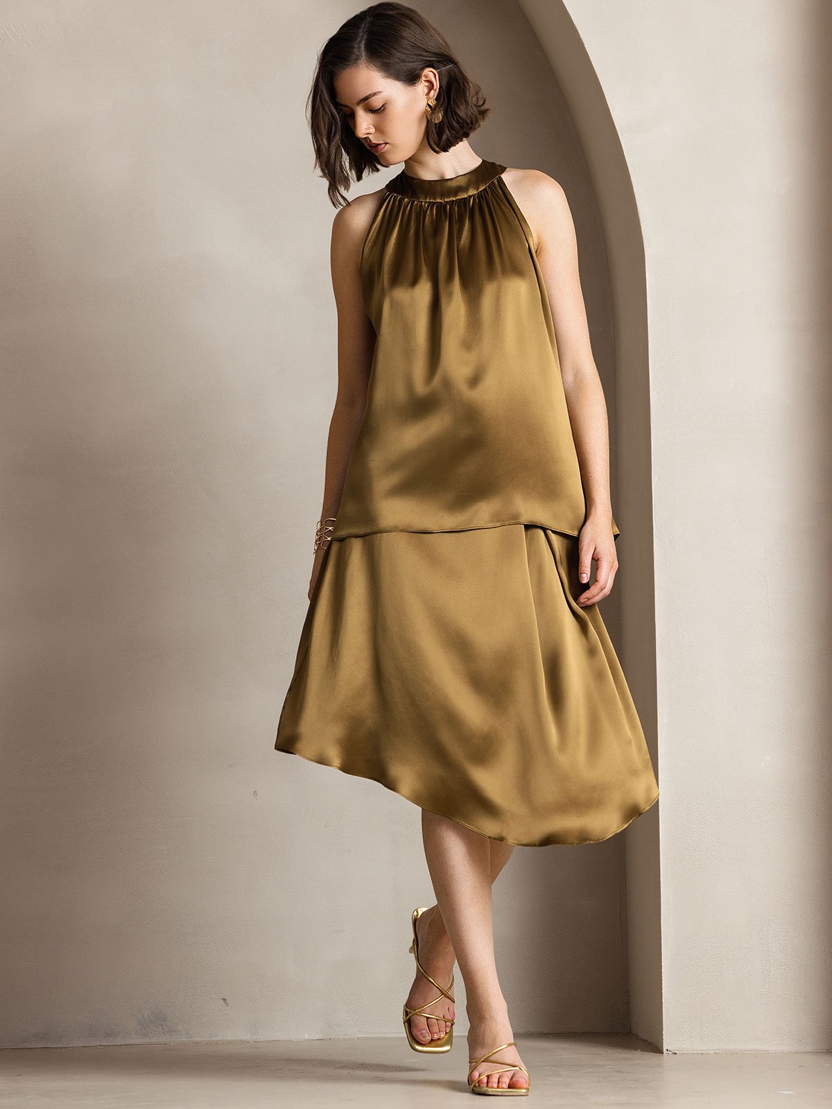 [Brown] SilkSilky-CA 19Momme Silk Sleeveless Womens T-Shirt 004