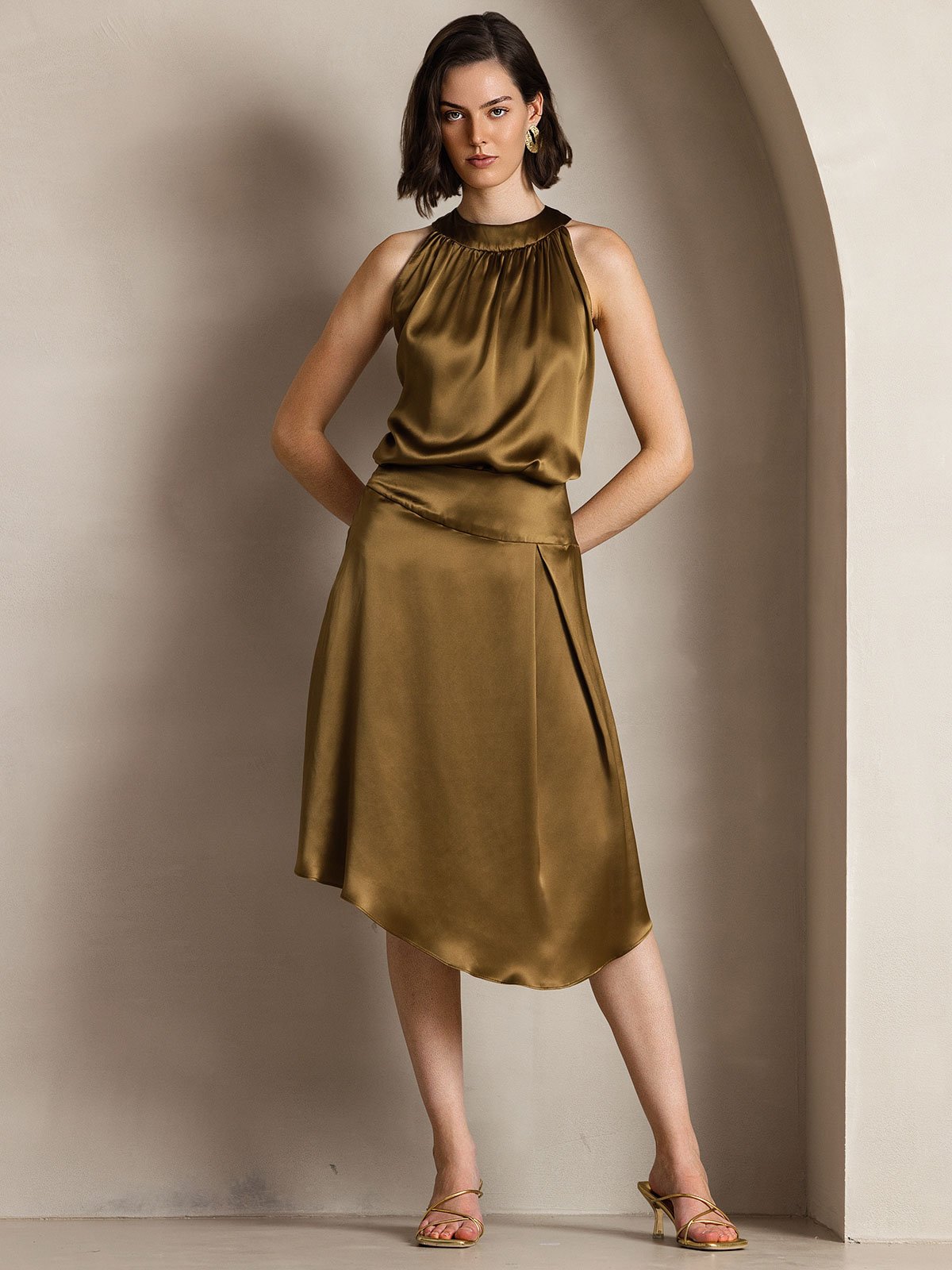 [Brown] SilkSilky-CA 19Momme Silk Sleeveless Womens T-Shirt 005