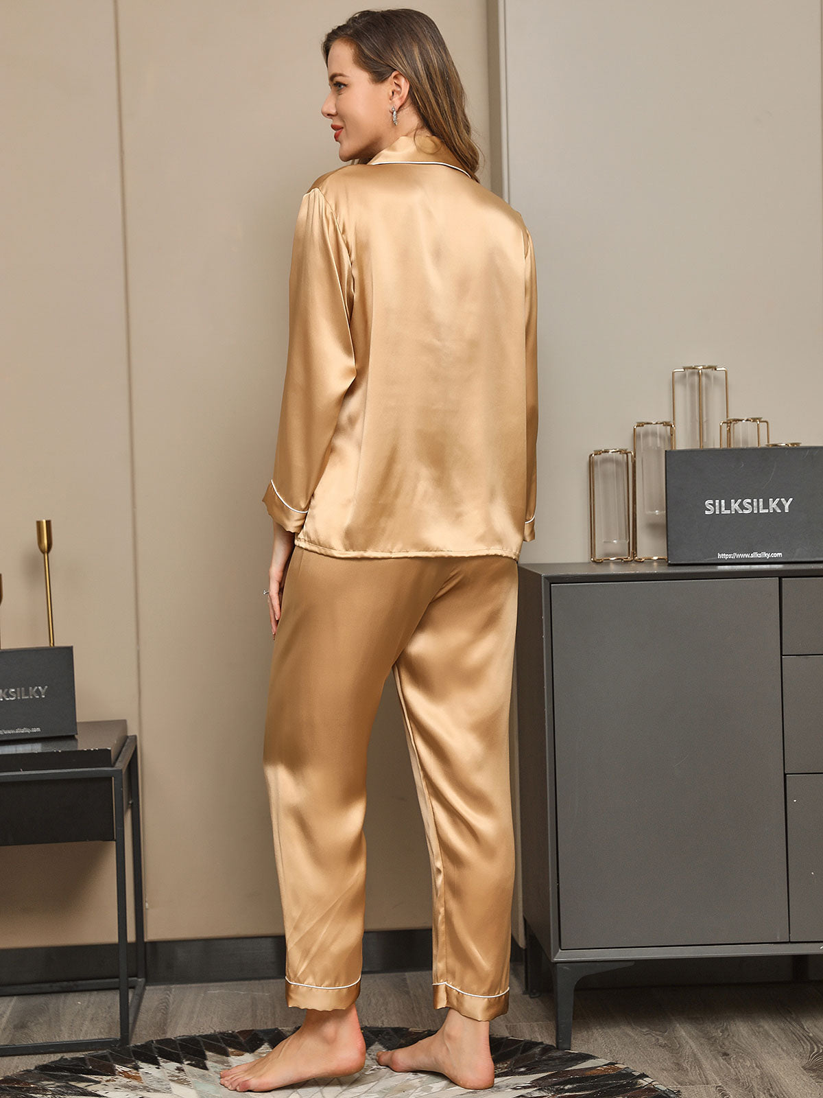 [Brown] SilkSilky-CA Long Sleeve Lapel Women's Pajamas 002