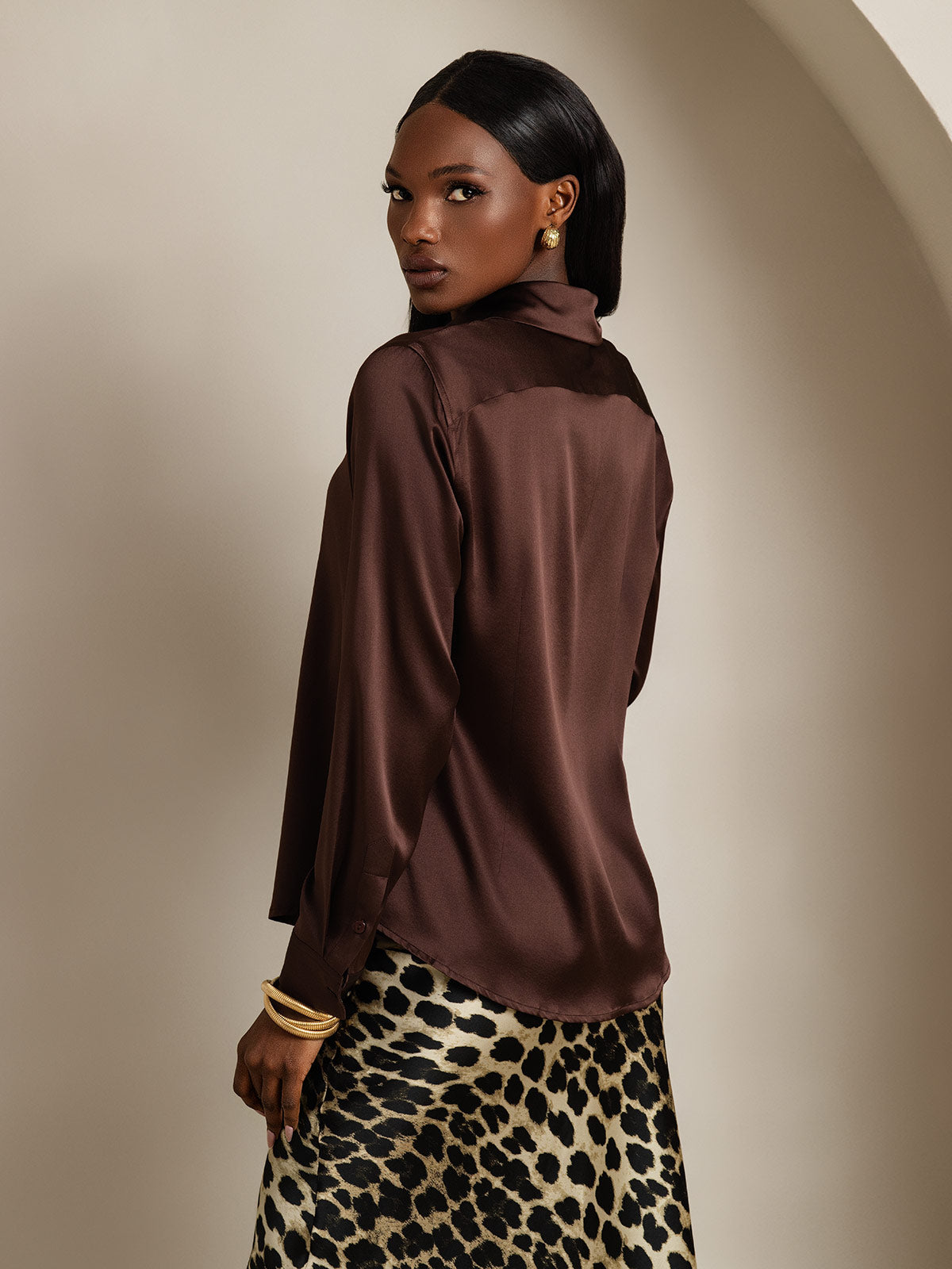 [Brown] SilkSilky-CA Silk Long Sleeve Collar Women's Shirt 002