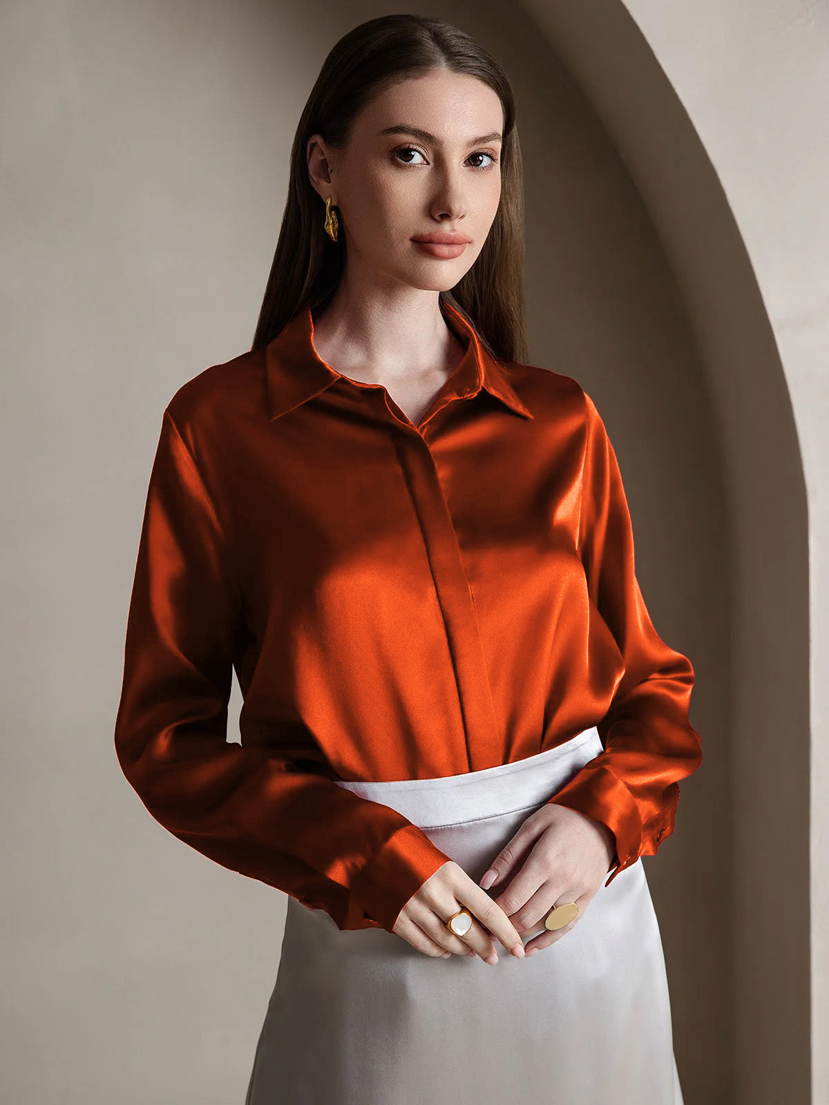 [Caramel] SilkSilky-CA 19Momme Silk Lapel Collar Women's Shirt 001