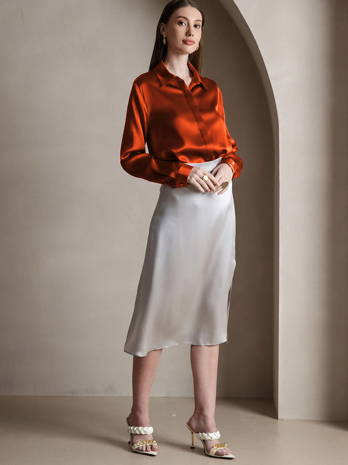 [Caramel] SilkSilky-CA 19Momme Silk Lapel Collar Women's Shirt 002