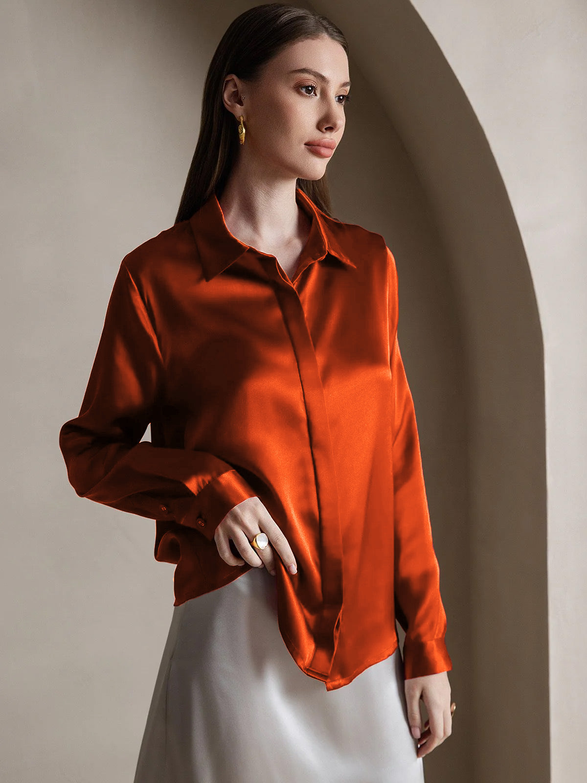 [Caramel] SilkSilky-CA 19Momme Silk Lapel Collar Women's Shirt 004