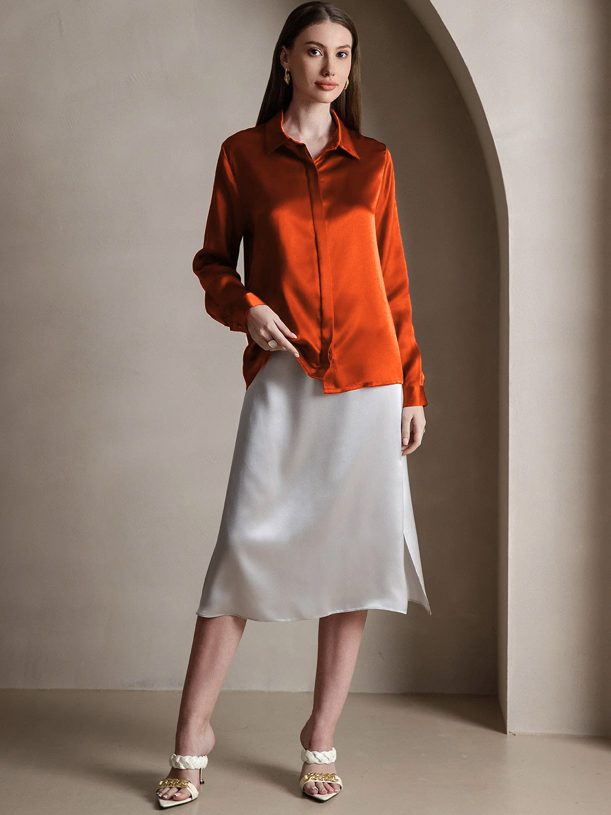 [Caramel] SilkSilky-CA 19Momme Silk Lapel Collar Women's Shirt 005