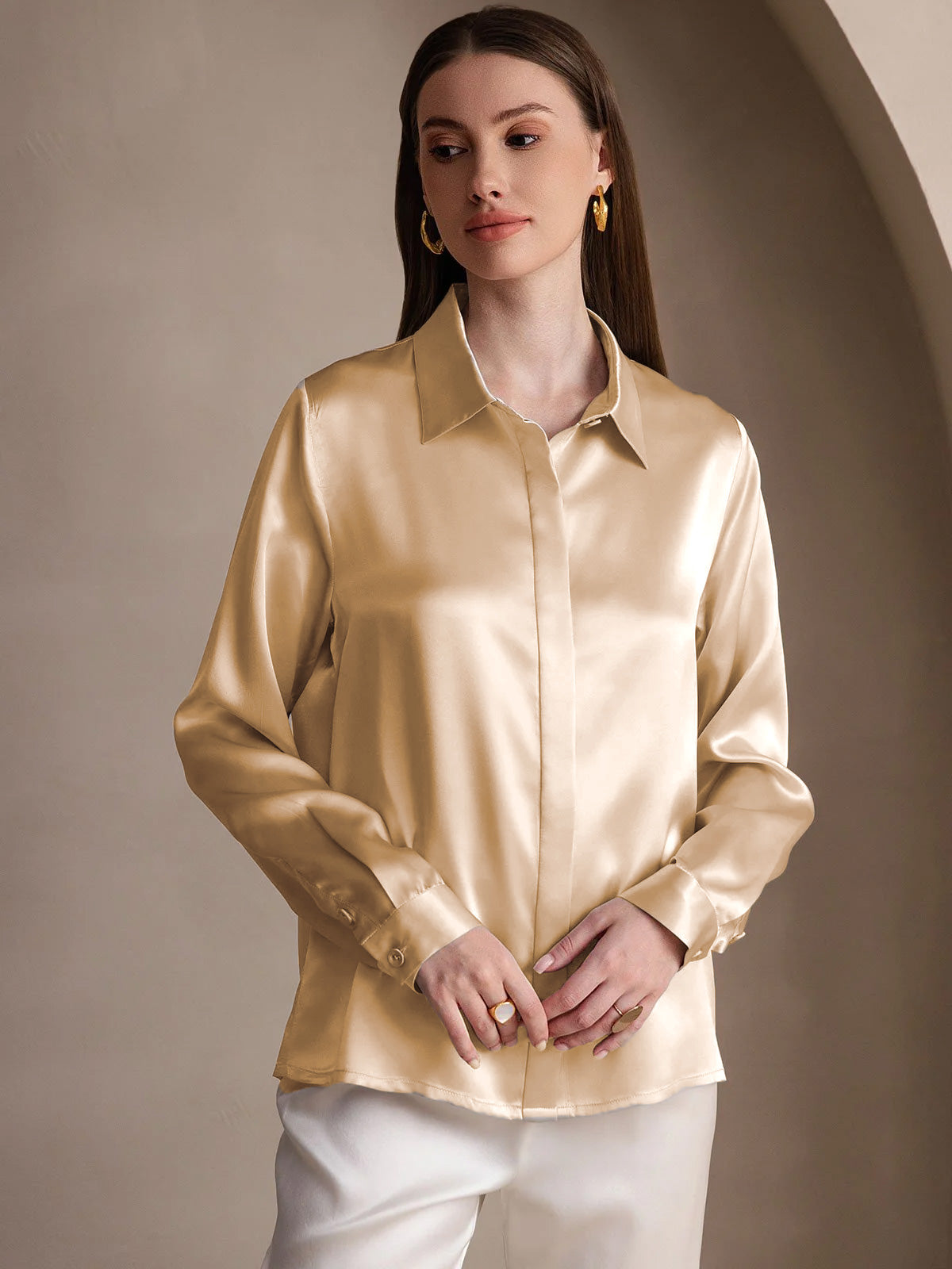 [Champagne] SilkSilky-CA 19Momme Silk Lapel Collar Women's Shirt 001
