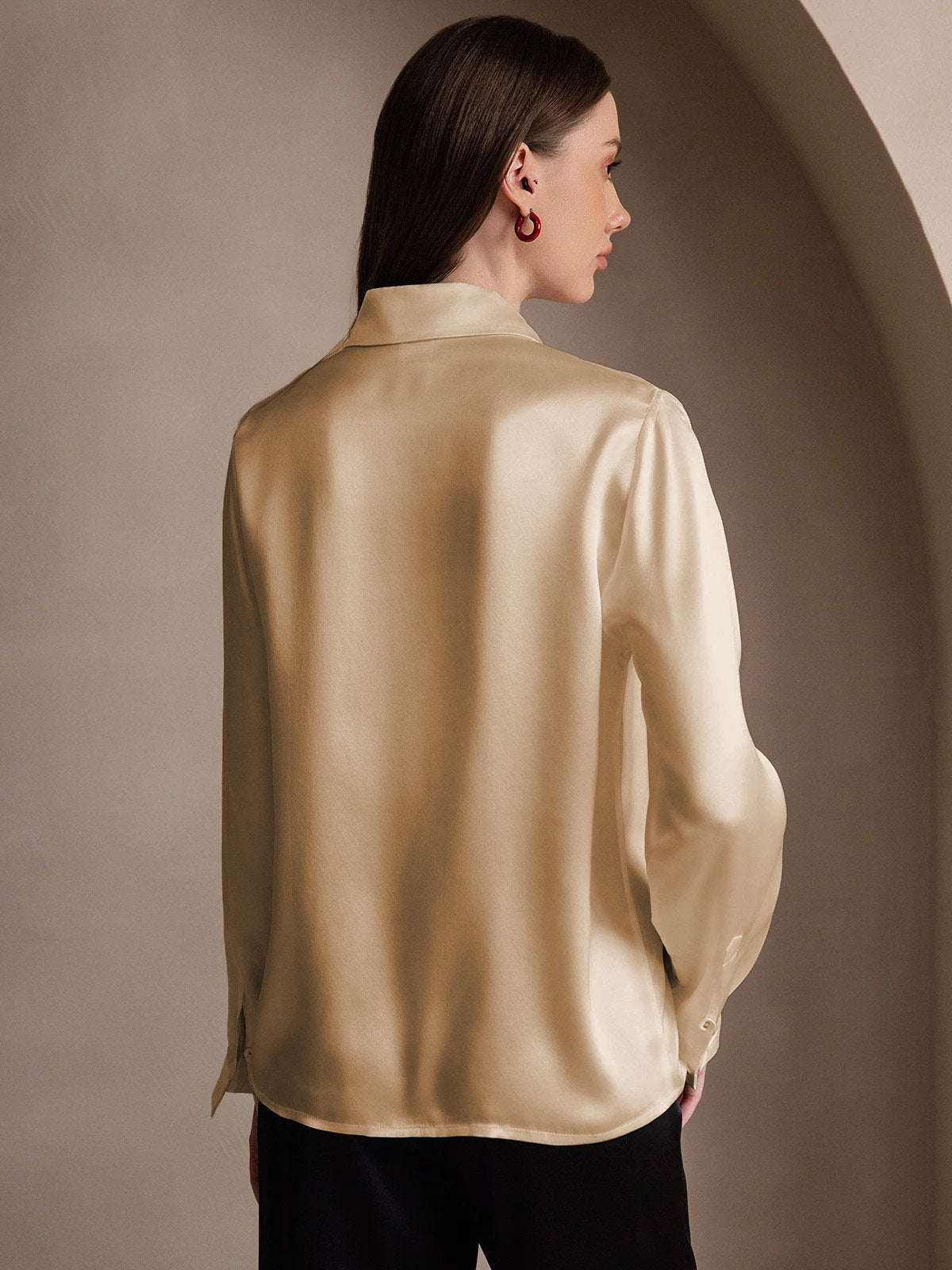 [Champagne] SilkSilky-CA 19Momme Silk Lapel Collar Women's Shirt 002