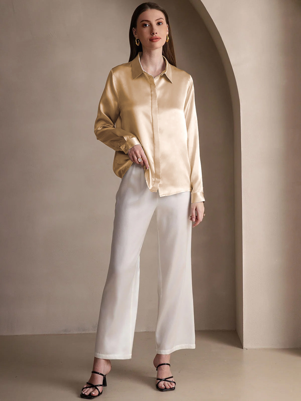 [Champagne] SilkSilky-CA 19Momme Silk Lapel Collar Women's Shirt 003