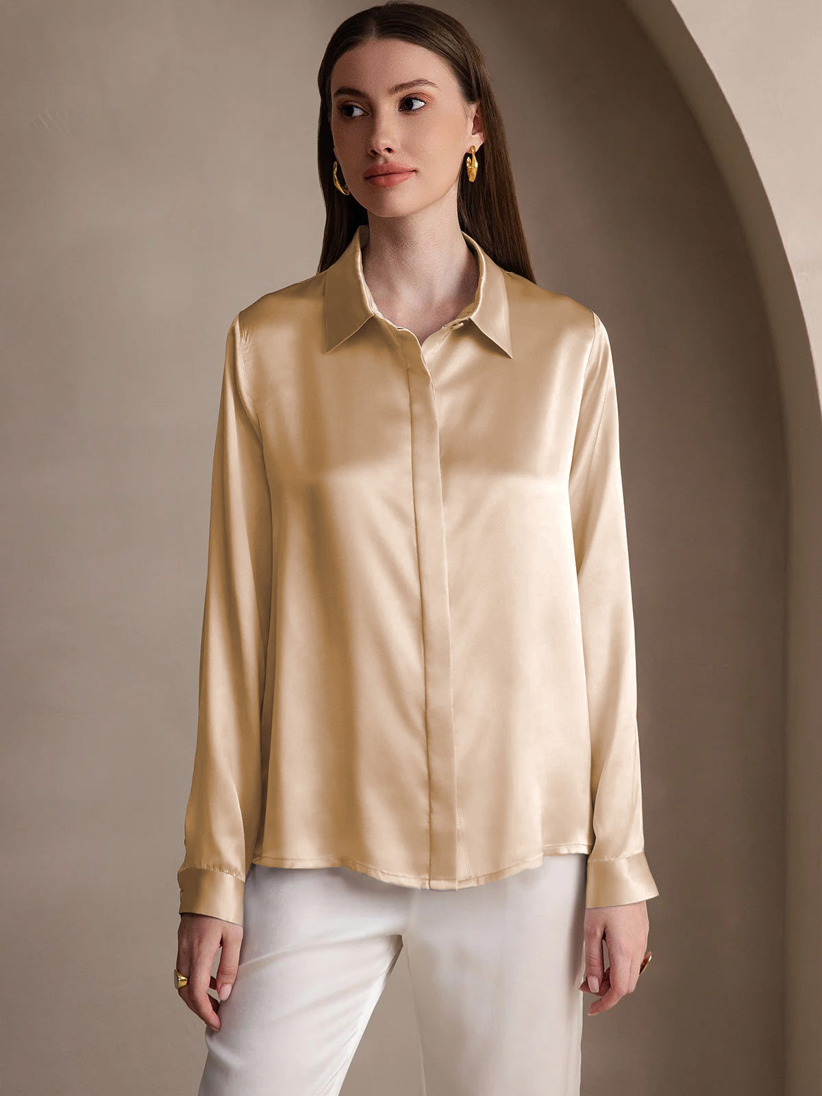 [Champagne] SilkSilky-CA 19Momme Silk Lapel Collar Women's Shirt 004