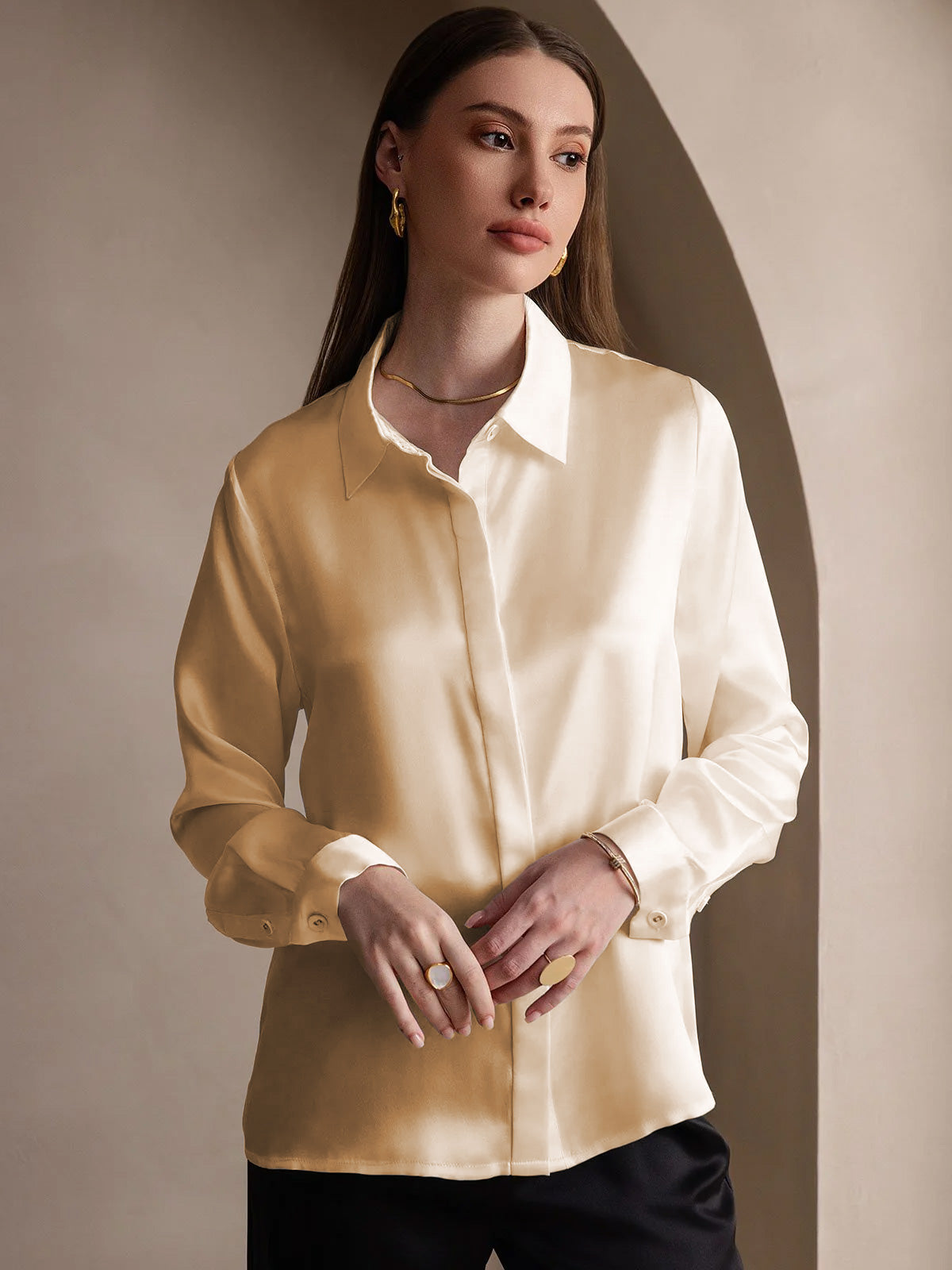 [Champagne] SilkSilky-CA 19Momme Silk Lapel Collar Women's Shirt 005
