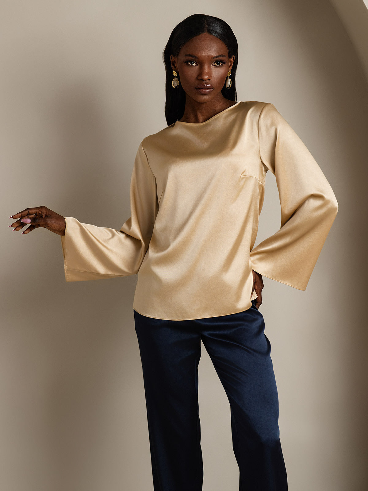 [Champagne] SilkSilky-CA 19Momme Silk Long Sleeve Round Neck Women's T-Shirt 001