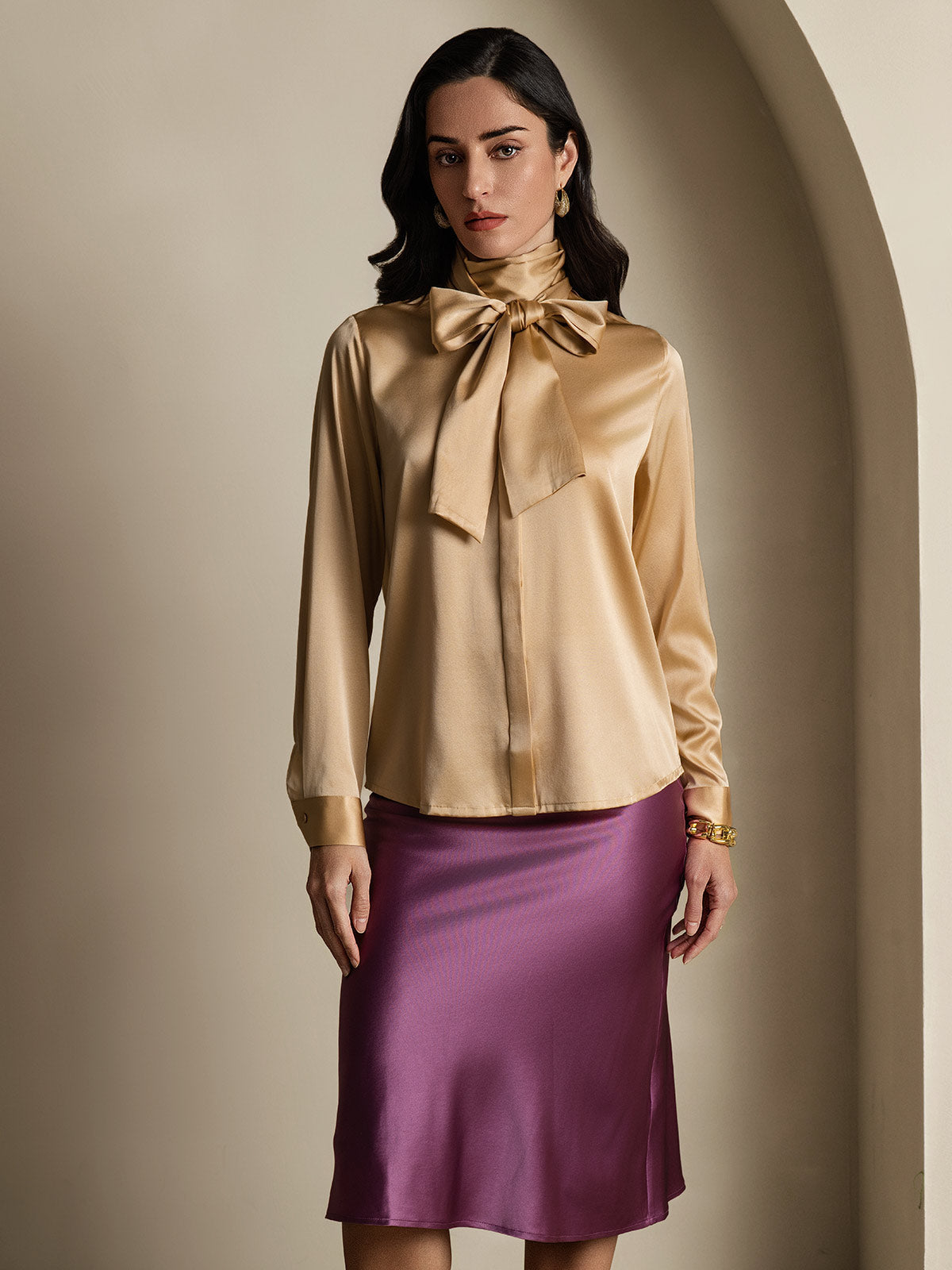 [Champagne] SilkSilky-CA 19Momme Silk Long Sleeve Tie Neck Women's Shirt 001