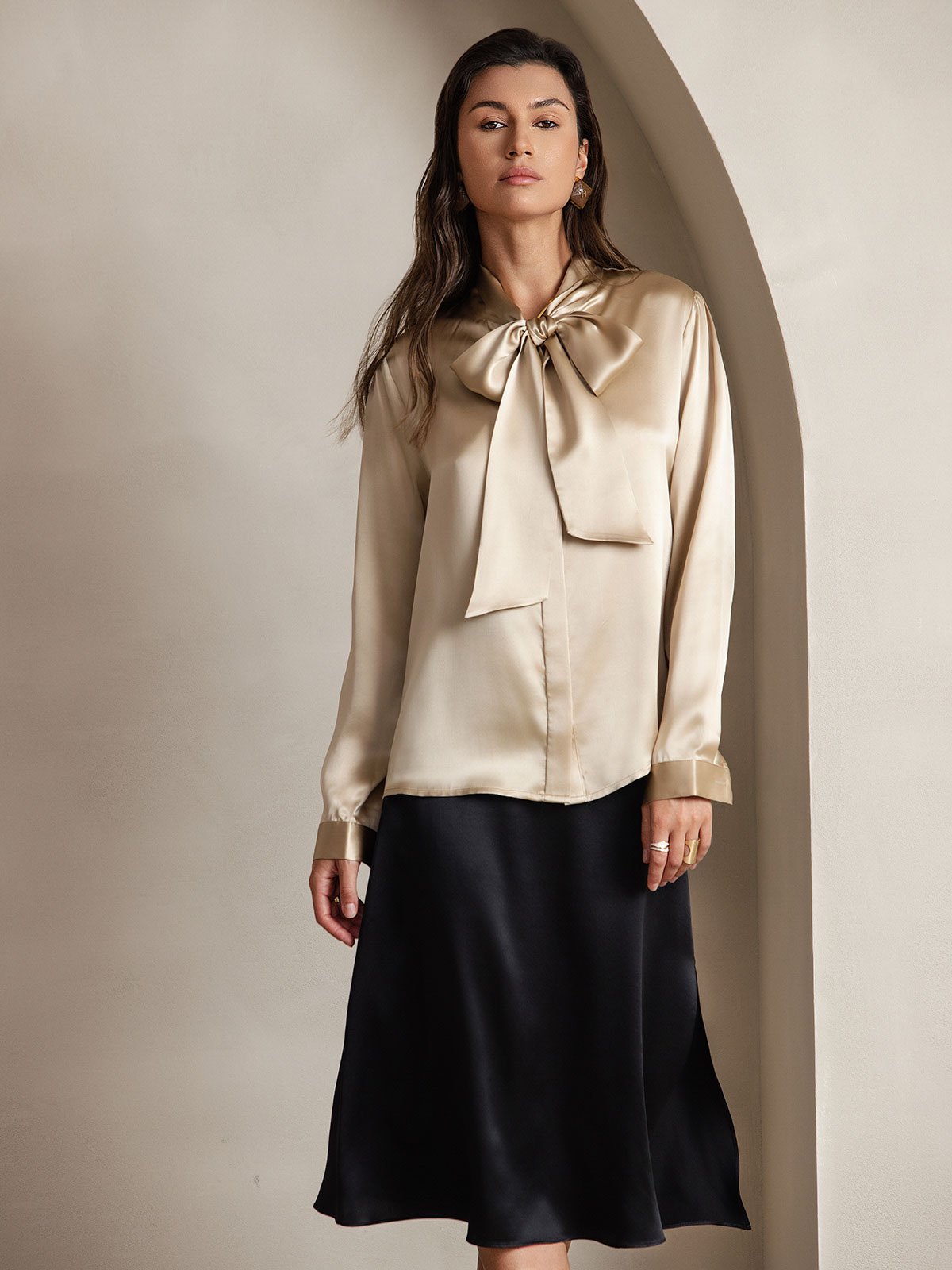 [Champagne] SilkSilky-CA 19Momme Silk Long Sleeve Tie Neck Women's Shirt 001