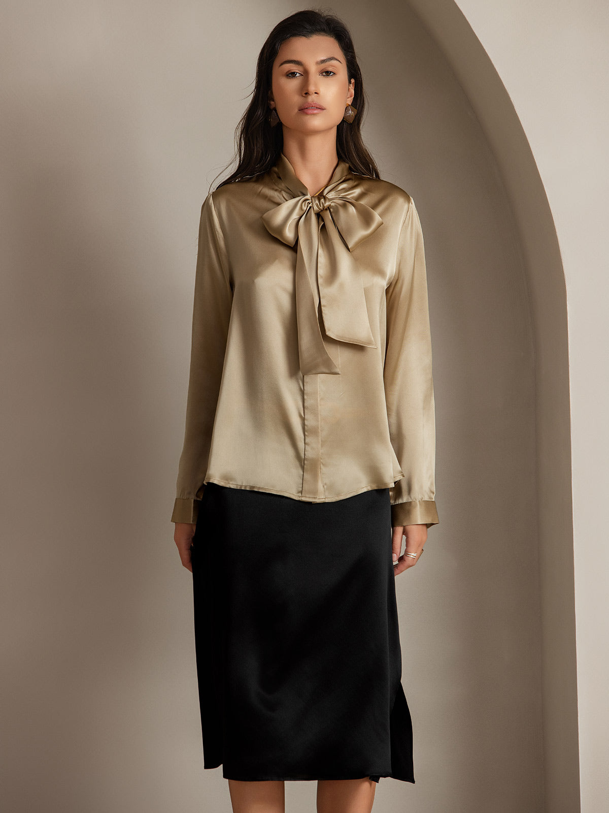 [Champagne] SilkSilky-CA 19Momme Silk Long Sleeve Tie Neck Women's Shirt 003