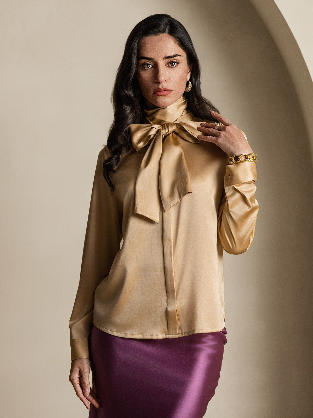 [Champagne] SilkSilky-CA 19Momme Silk Long Sleeve Tie Neck Women's Shirt 004