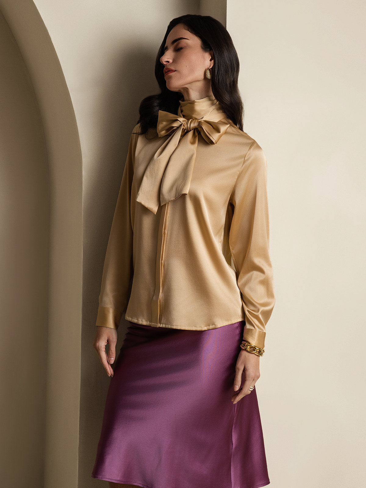 [Champagne] SilkSilky-CA 19Momme Silk Long Sleeve Tie Neck Women's Shirt 005