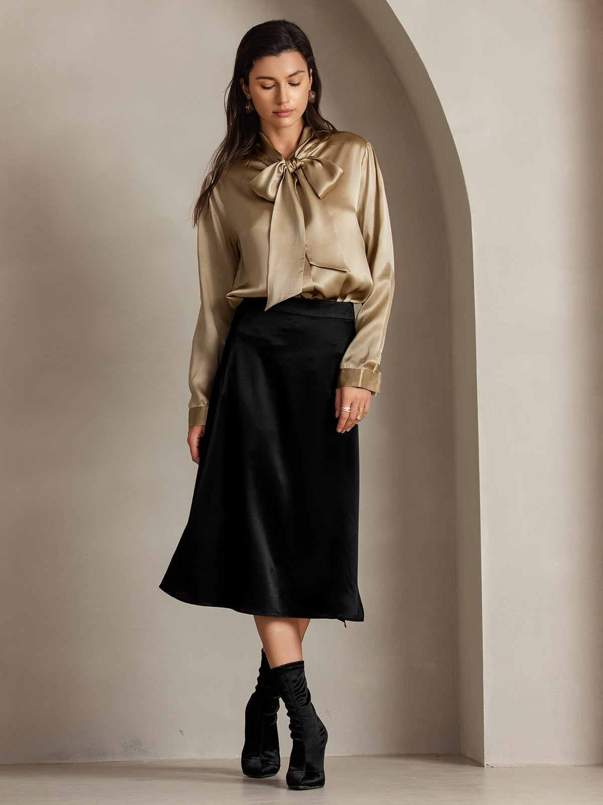 [Champagne] SilkSilky-CA 19Momme Silk Long Sleeve Tie Neck Women's Shirt 006