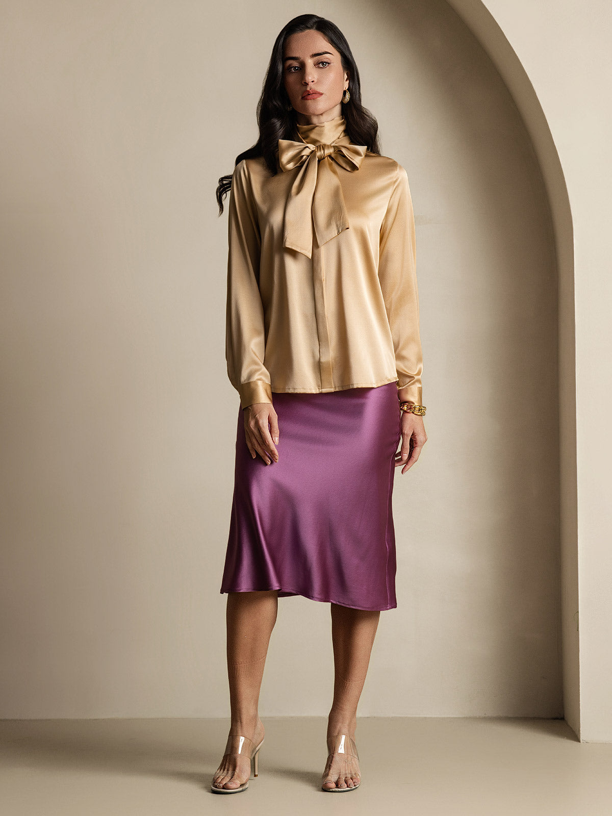 [Champagne] SilkSilky-CA 19Momme Silk Long Sleeve Tie Neck Women's Shirt 010
