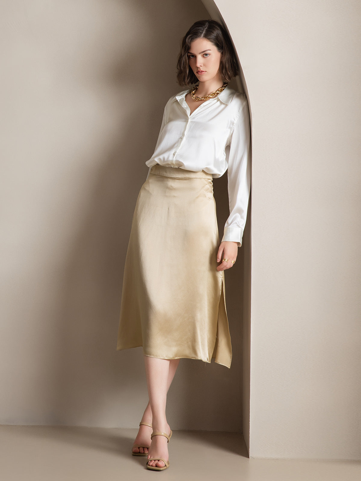 [Champagne] SilkSilky-CA 19Momme Silk Skirt 003