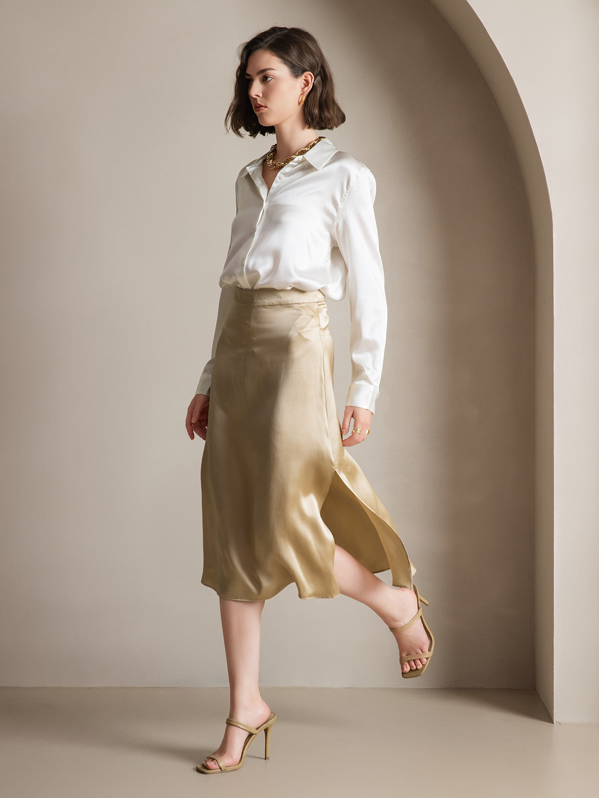 [Champagne] SilkSilky-CA 19Momme Silk Skirt 004