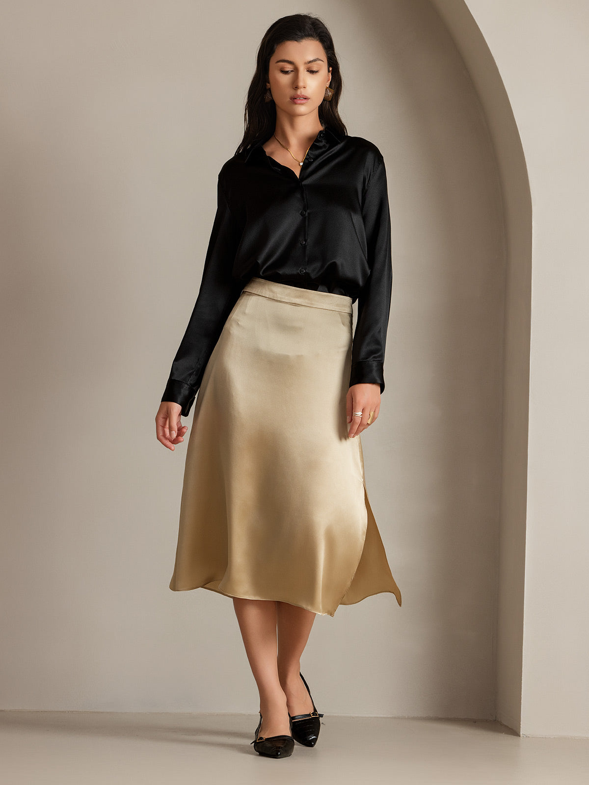 [Champagne] SilkSilky-CA 19Momme Silk Skirt 006