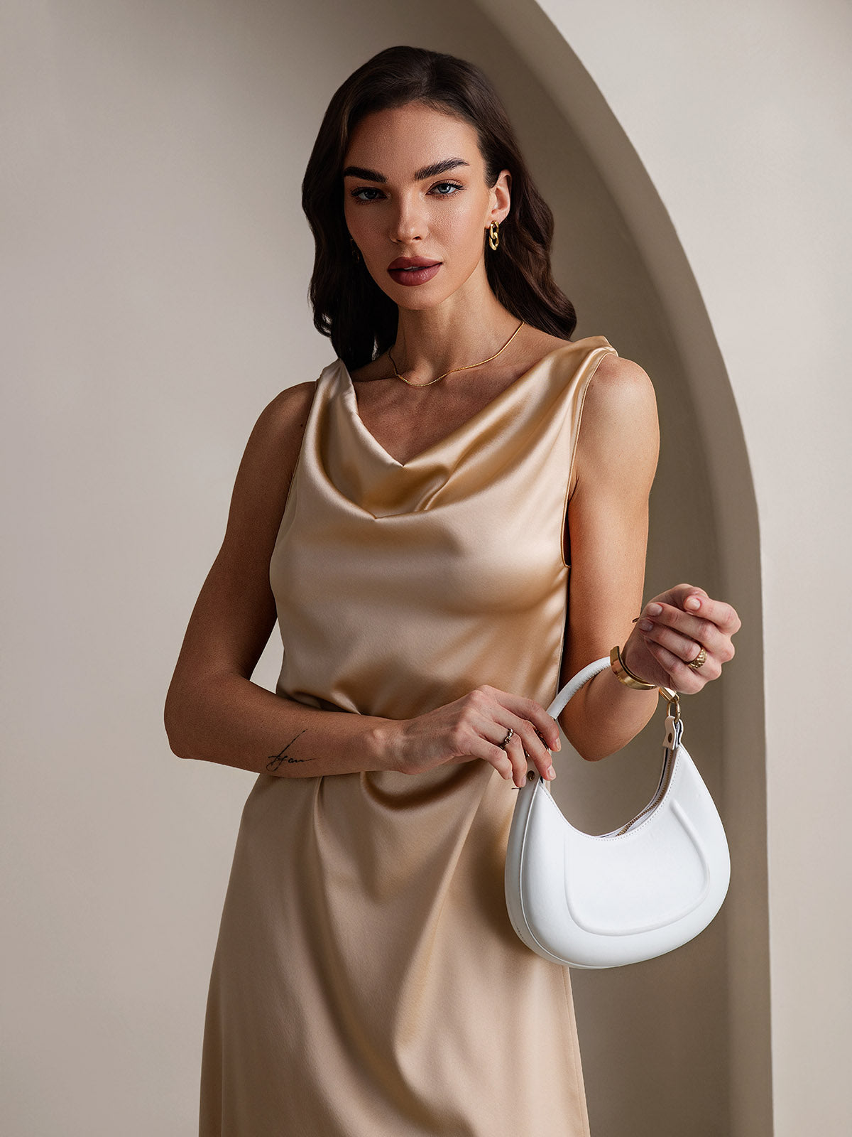 [Champagne] SilkSilky-CA 19Momme Silk Sleeveless Cowl Neck Dress 002