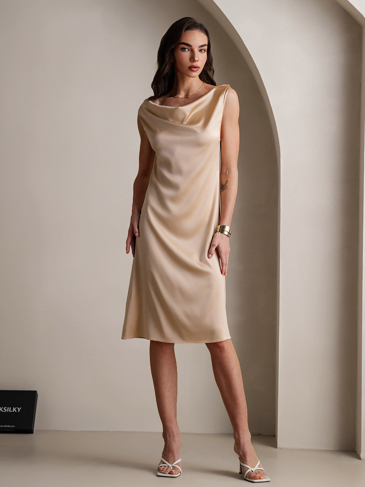 [Champagne] SilkSilky-CA 19Momme Silk Sleeveless Cowl Neck Dress 005