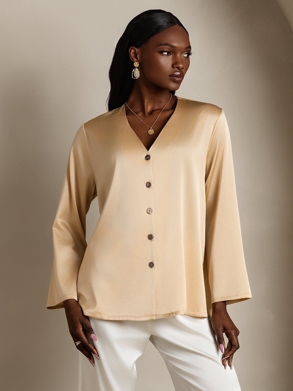 [Champagne] SilkSilky-CA 19Momme Silk V Neck Women's Shirt 001