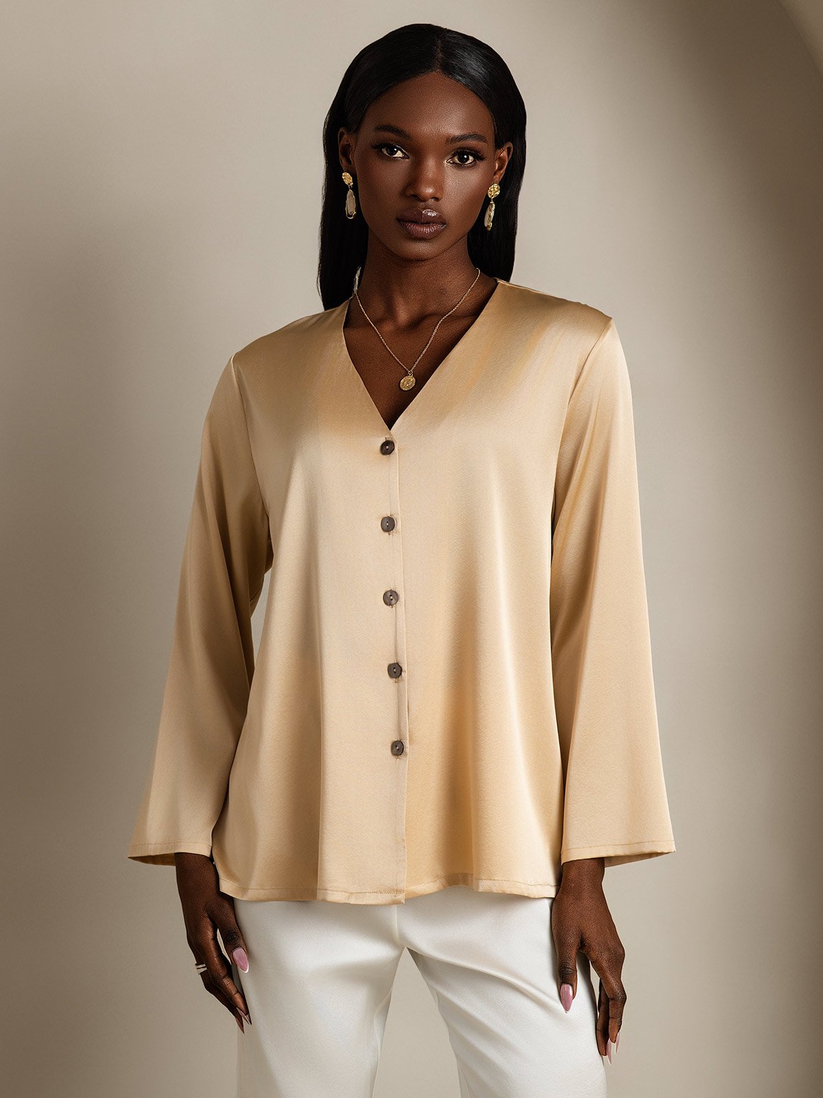 [Champagne] SilkSilky-CA 19Momme Silk V Neck Women's Shirt 003