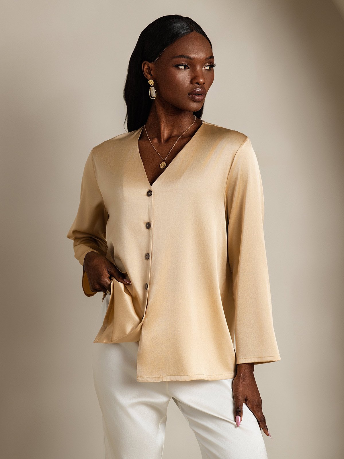 [Champagne] SilkSilky-CA 19Momme Silk V Neck Women's Shirt 004