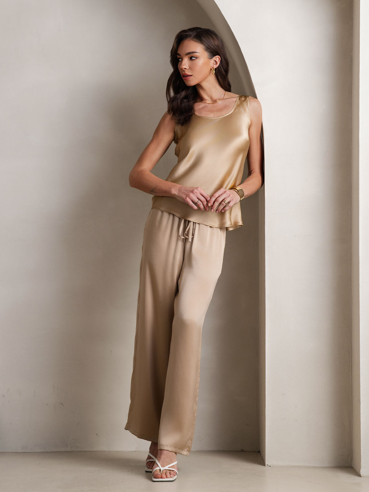 [Champagne] SilkSilky-CA Pure Silk Boat Neck Camisole Set 001