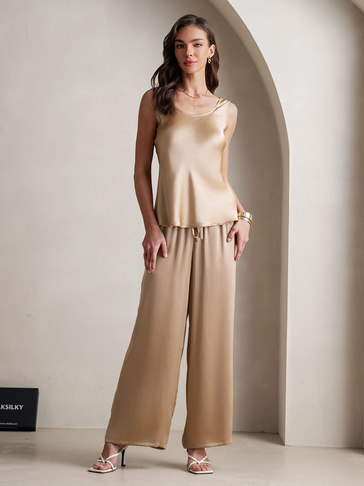[Champagne] SilkSilky-CA Pure Silk Boat Neck Camisole Set 004