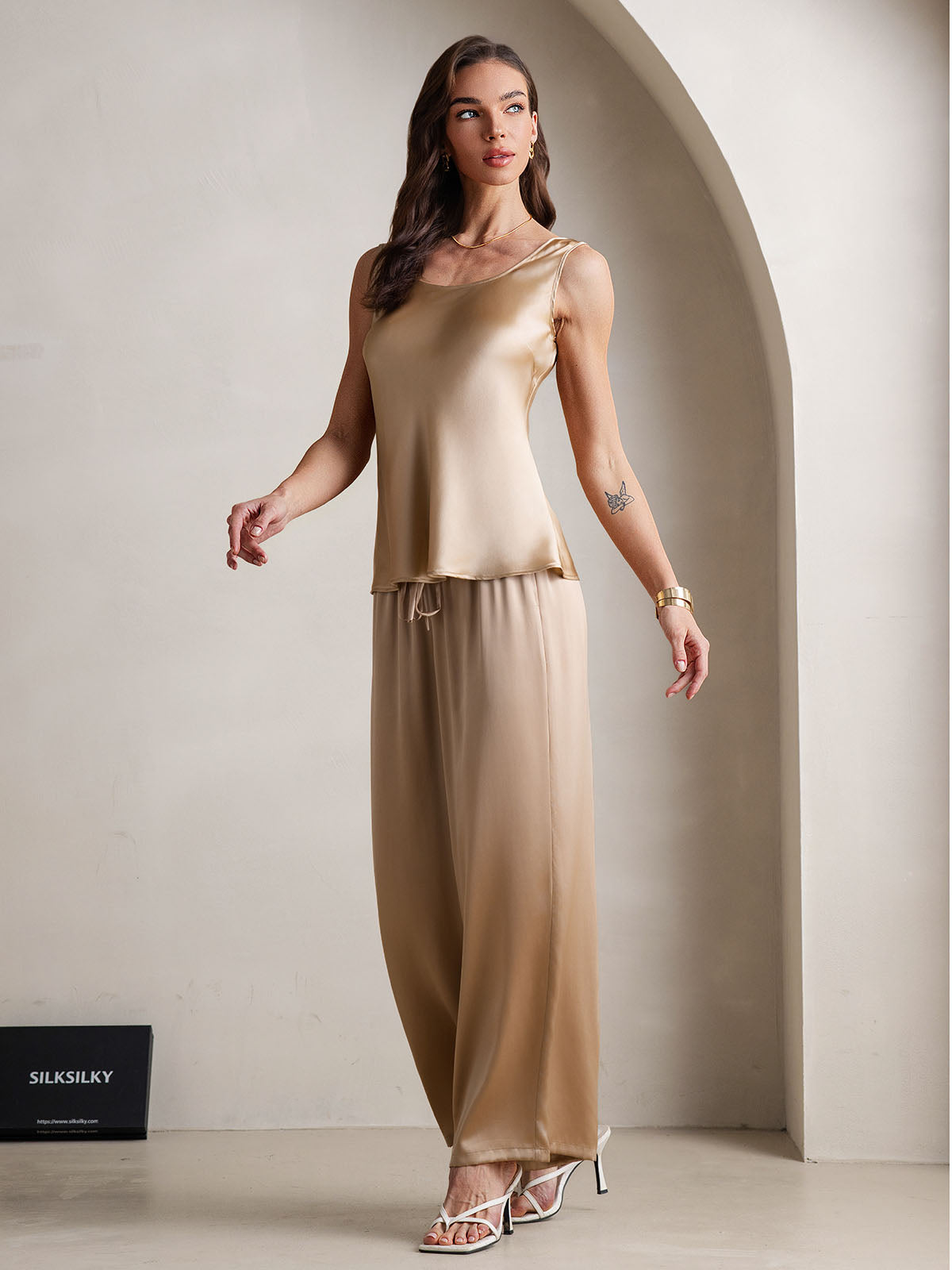 [Champagne] SilkSilky-CA Pure Silk Boat Neck Camisole Set 006