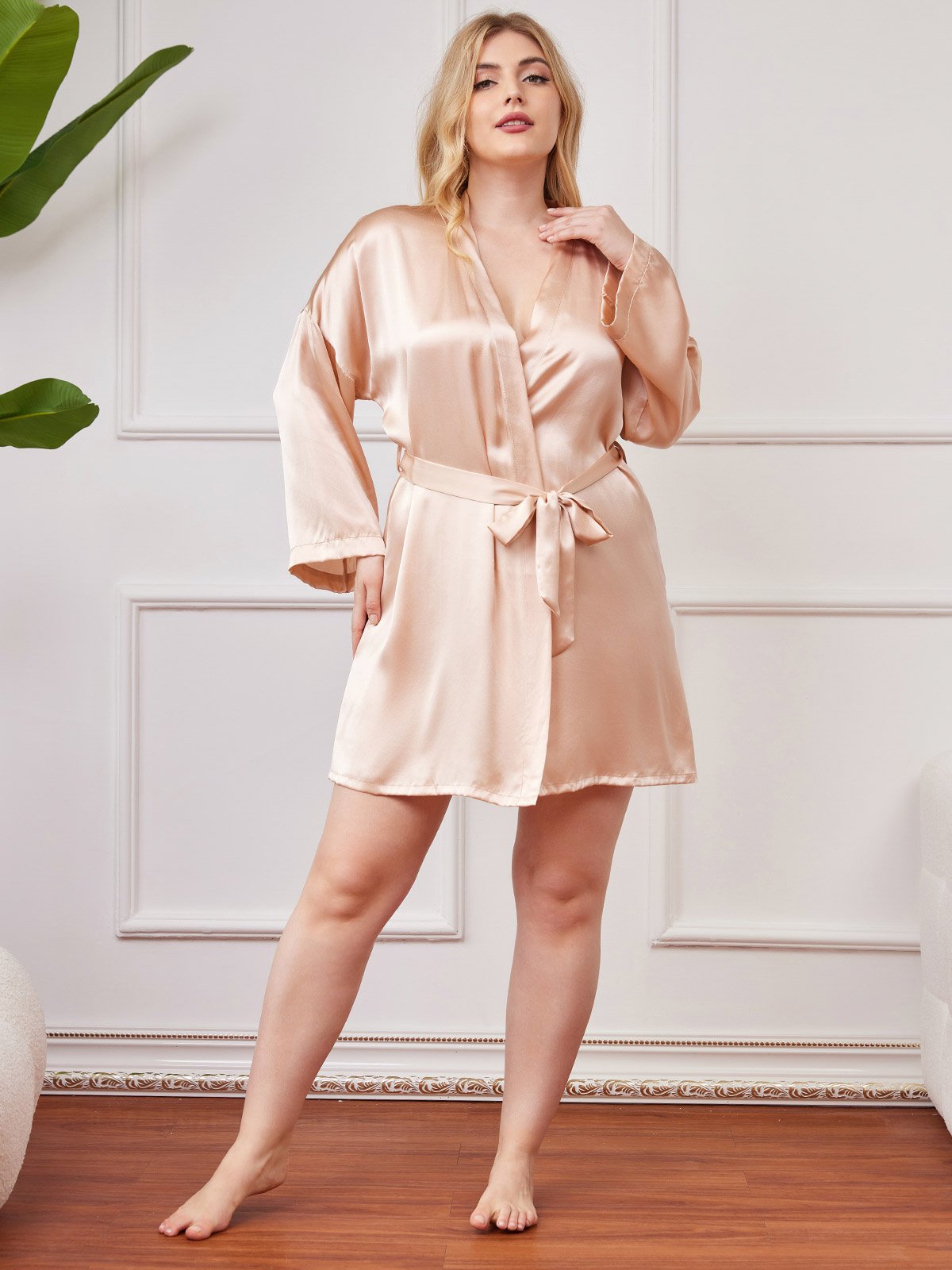 [Champagne] SilkSilky-CA Pure Silk Long Sleeve Deep V Neck Plus Size Robe 005