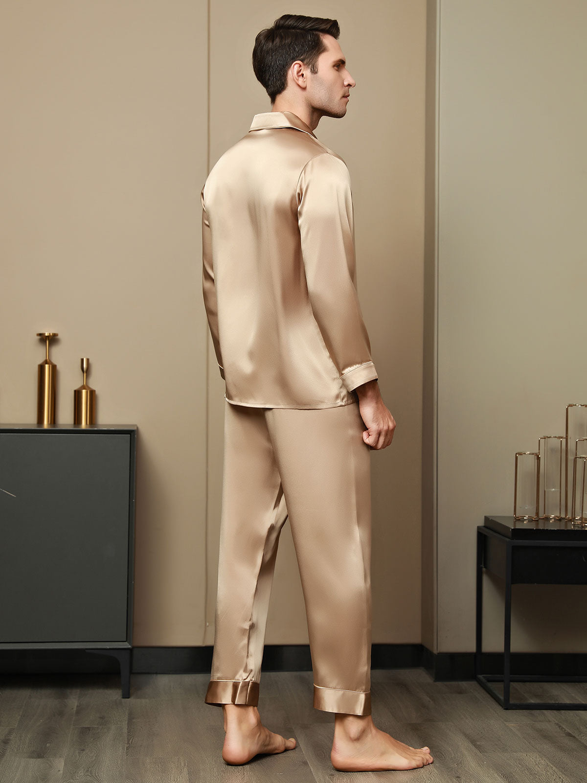 [Champagne] SilkSilky-CA Pure Silk Long Sleeve Lapel Men's Pajamas 002