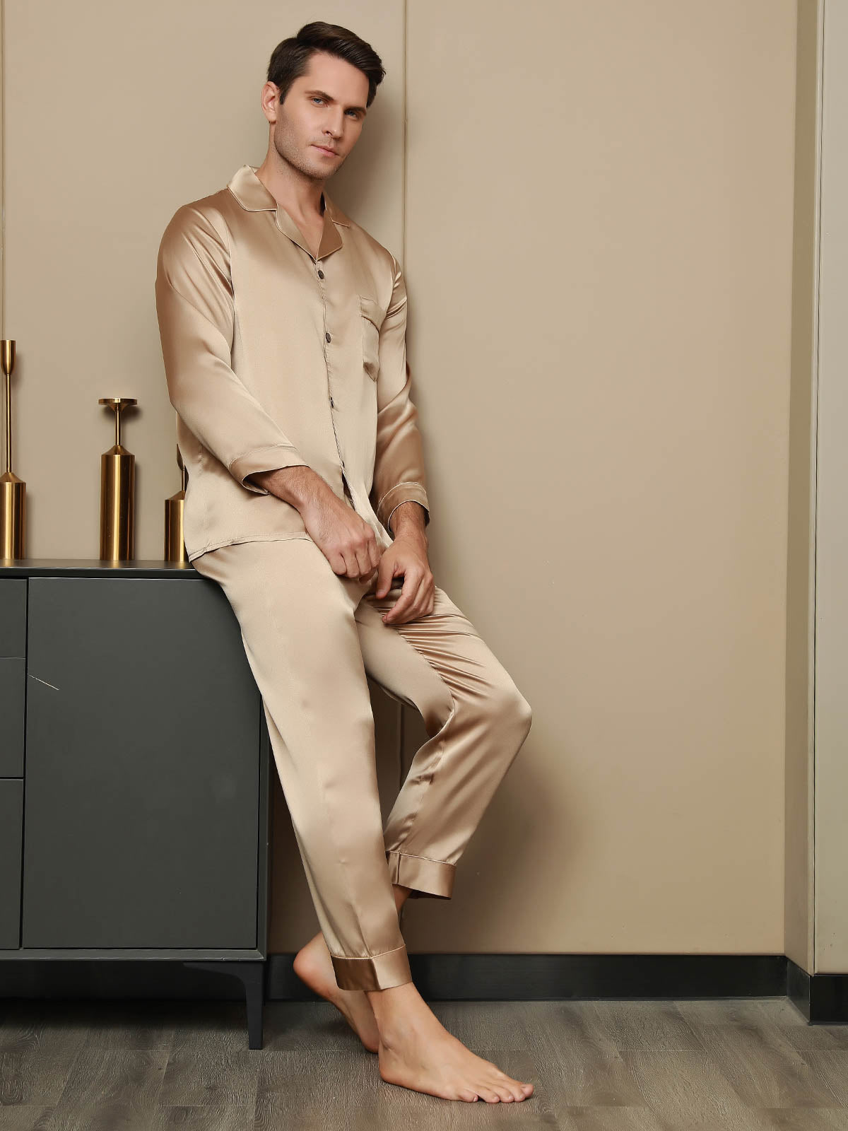 [Champagne] SilkSilky-CA Pure Silk Long Sleeve Lapel Men's Pajamas 004