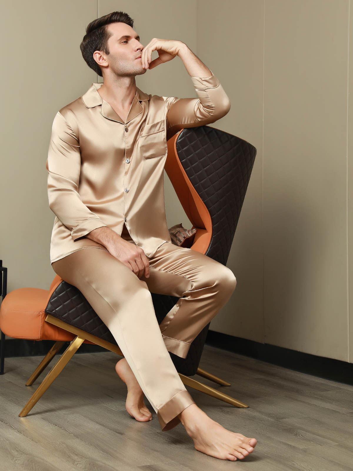 [Champagne] SilkSilky-CA Pure Silk Long Sleeve Lapel Men's Pajamas 005