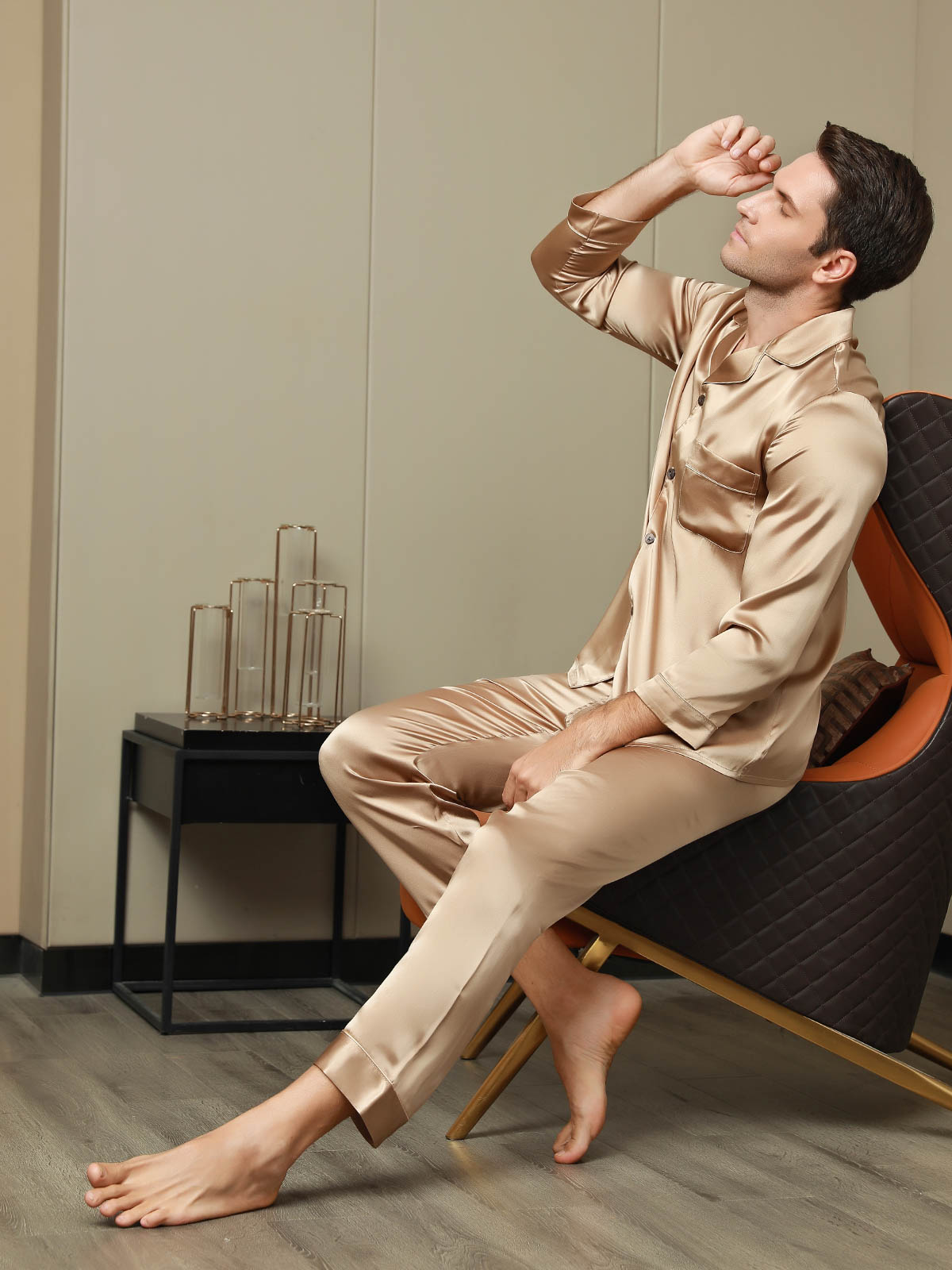 [Champagne] SilkSilky-CA Pure Silk Long Sleeve Lapel Men's Pajamas 006