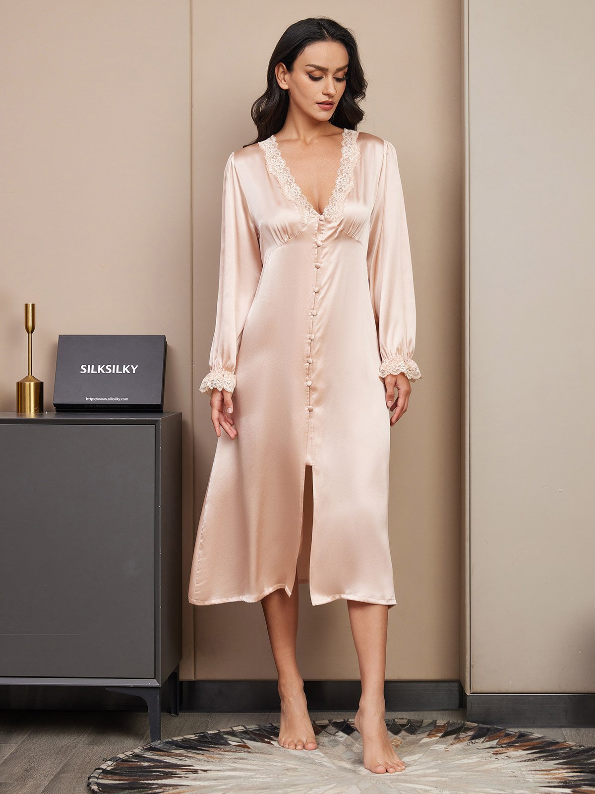 [Champagne] SilkSilky-CA Pure Silk Long Sleeve V Neck Nightgown 003