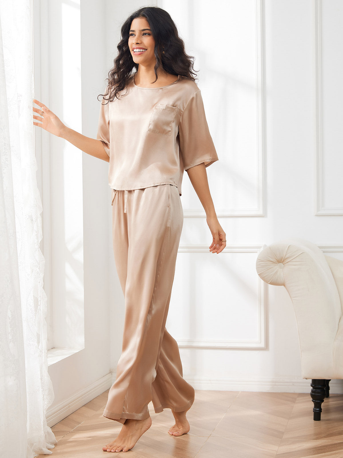 [Champagne] SilkSilky-CA Pure Silk Round Neck Women's Pajamas 004