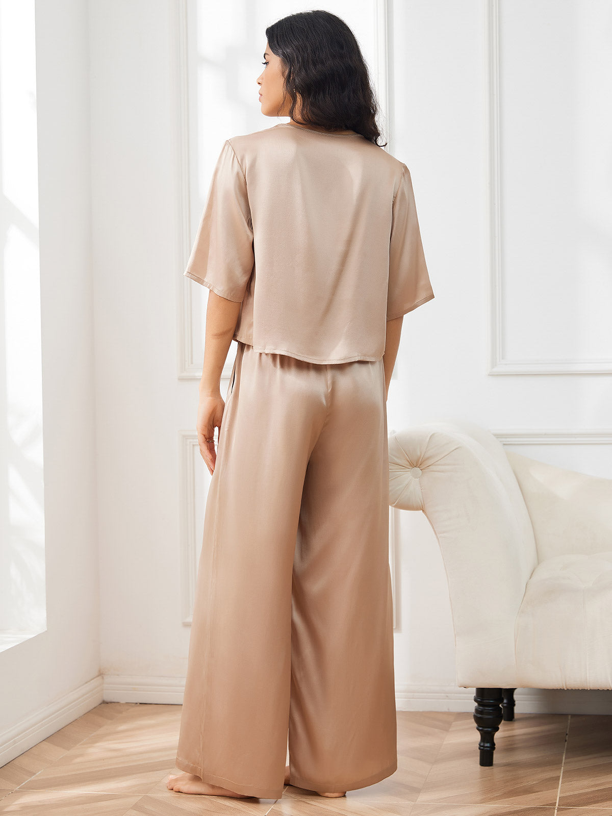 [Champagne] SilkSilky-CA Pure Silk Round Neck Women's Pajamas 005