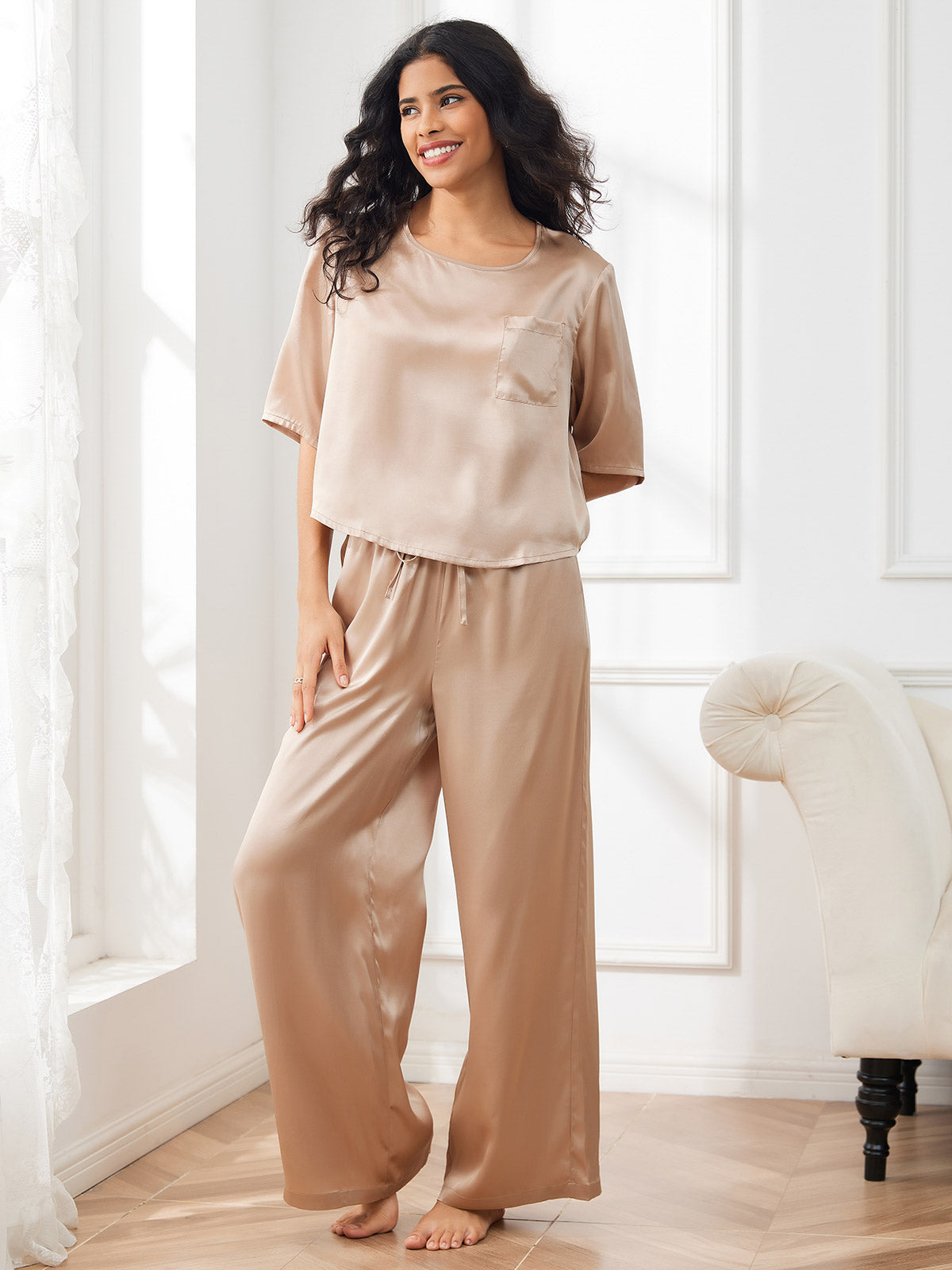 [Champagne] SilkSilky-CA Pure Silk Round Neck Women's Pajamas 006