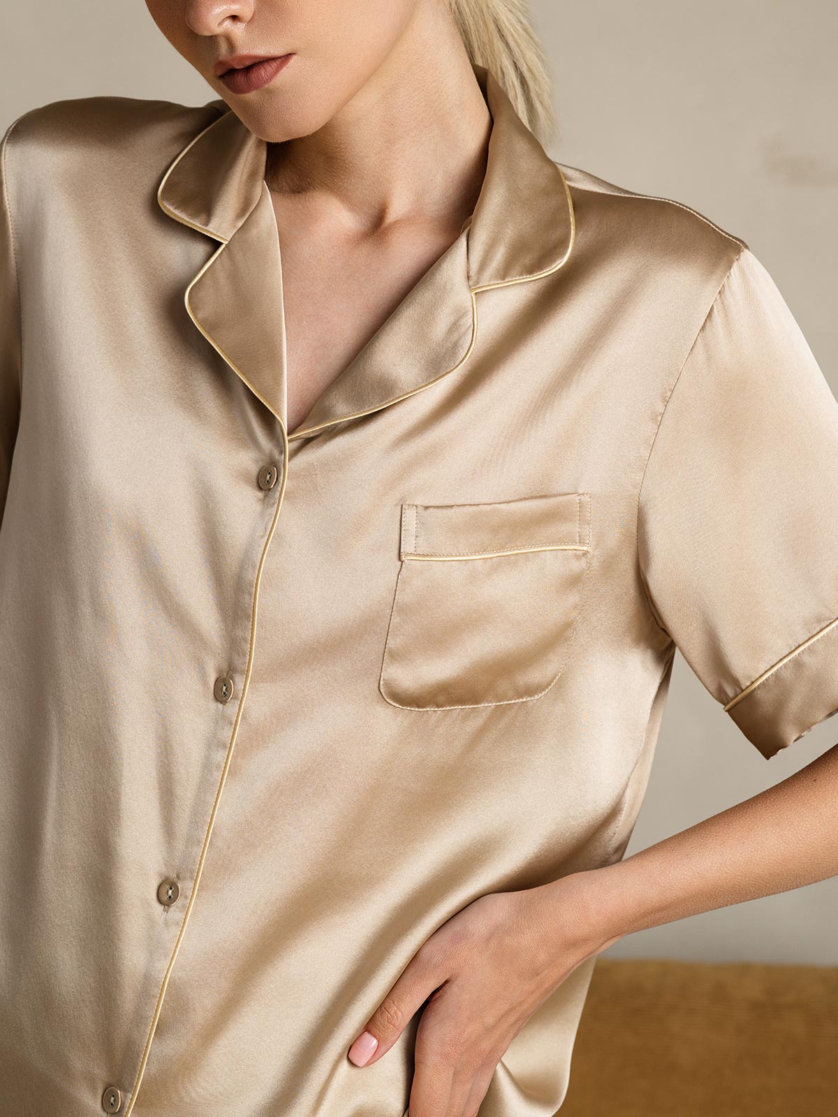 [Champagne] SilkSilky-CA Pure Silk Short Sleeve Lapel Women's Pajamas 008